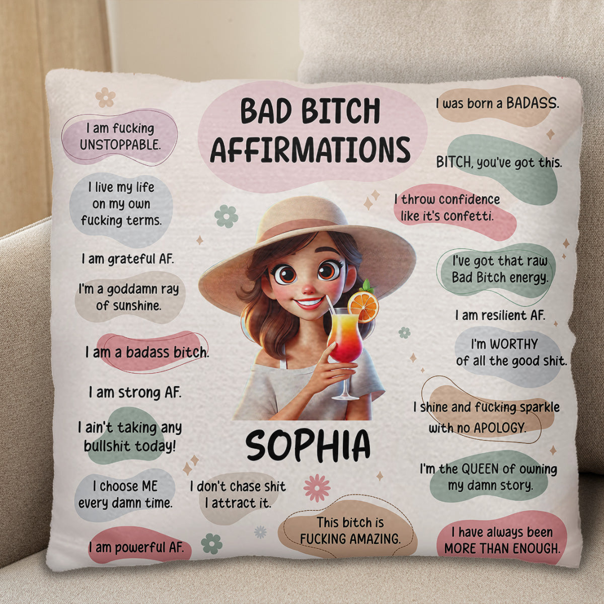 Bad Bitch Affirmations With Girl And Cocktail Design