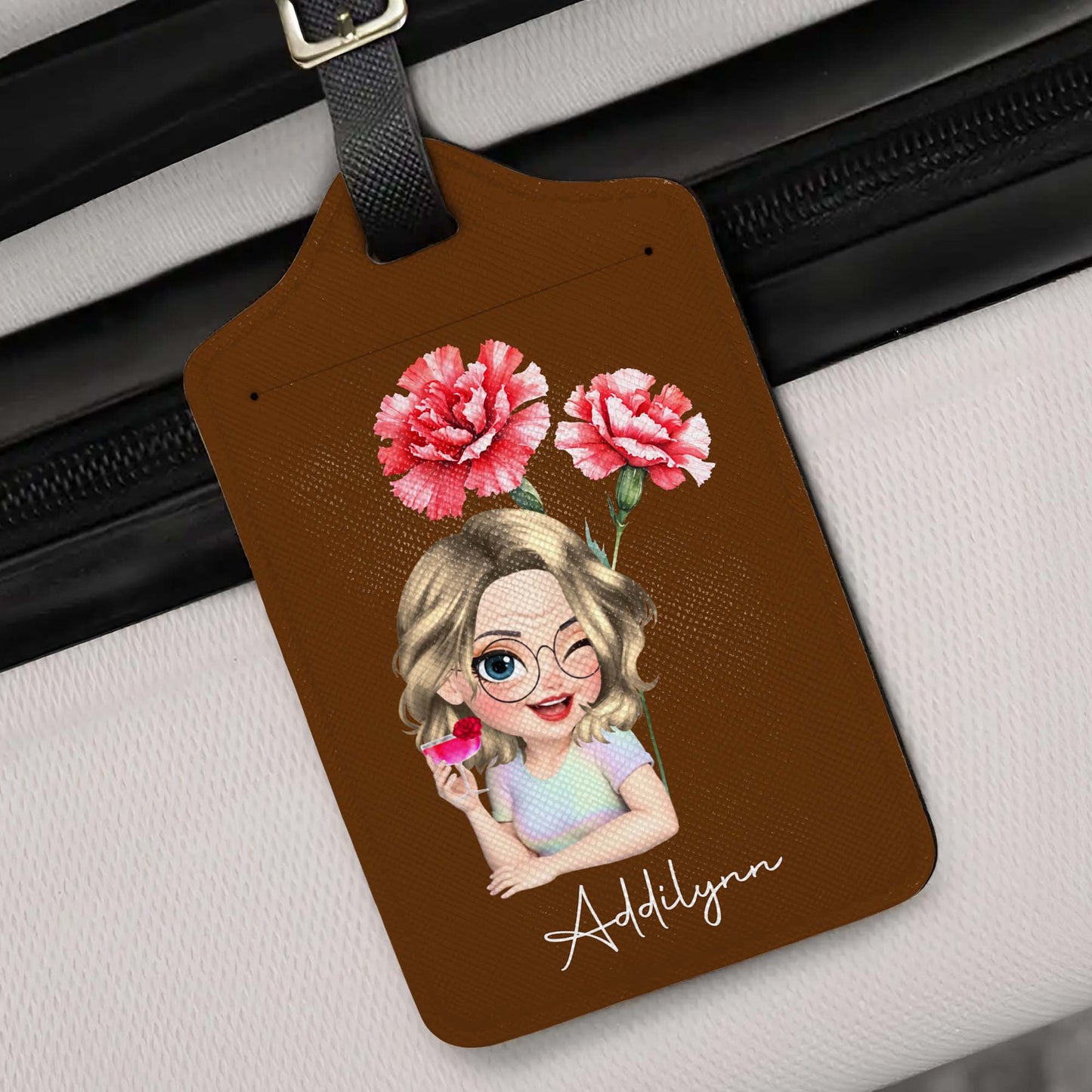 Personalized Custom Cartoon Girl Luggage Tag with Flowers