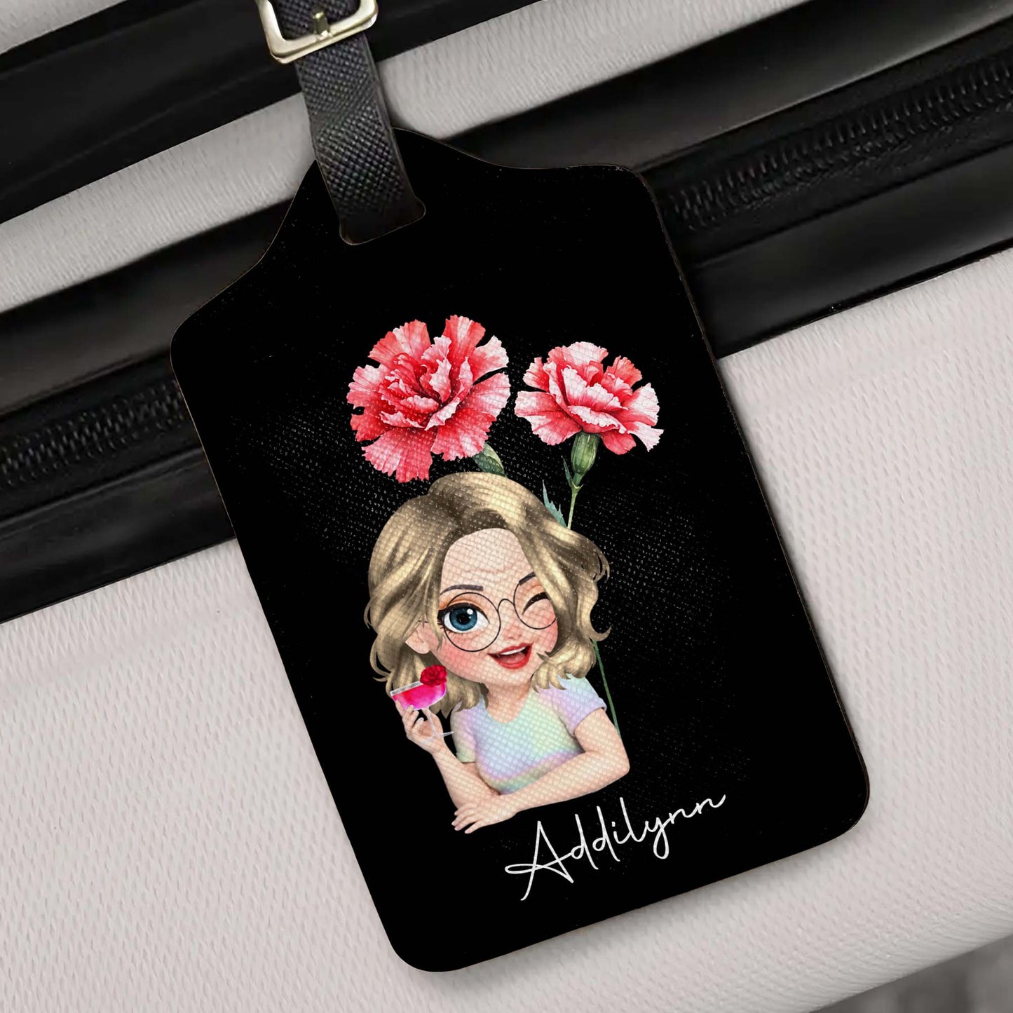 Personalized Custom Cartoon Girl Luggage Tag with Flowers
