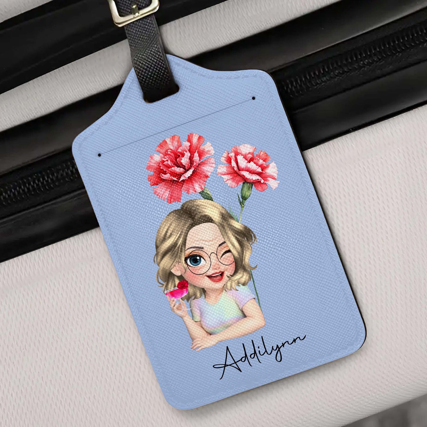 Personalized Custom Cartoon Girl Luggage Tag with Flowers