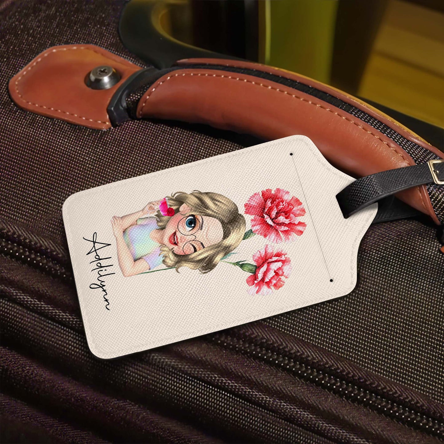 Personalized Custom Cartoon Girl Luggage Tag with Flowers