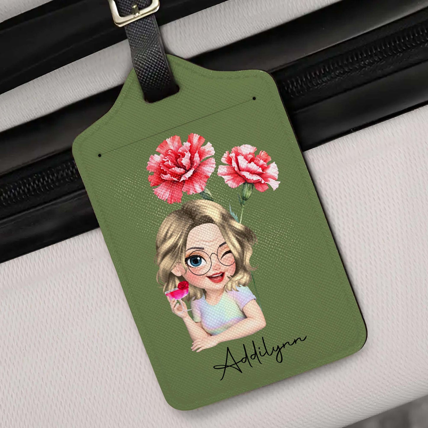Personalized Custom Cartoon Girl Luggage Tag with Flowers