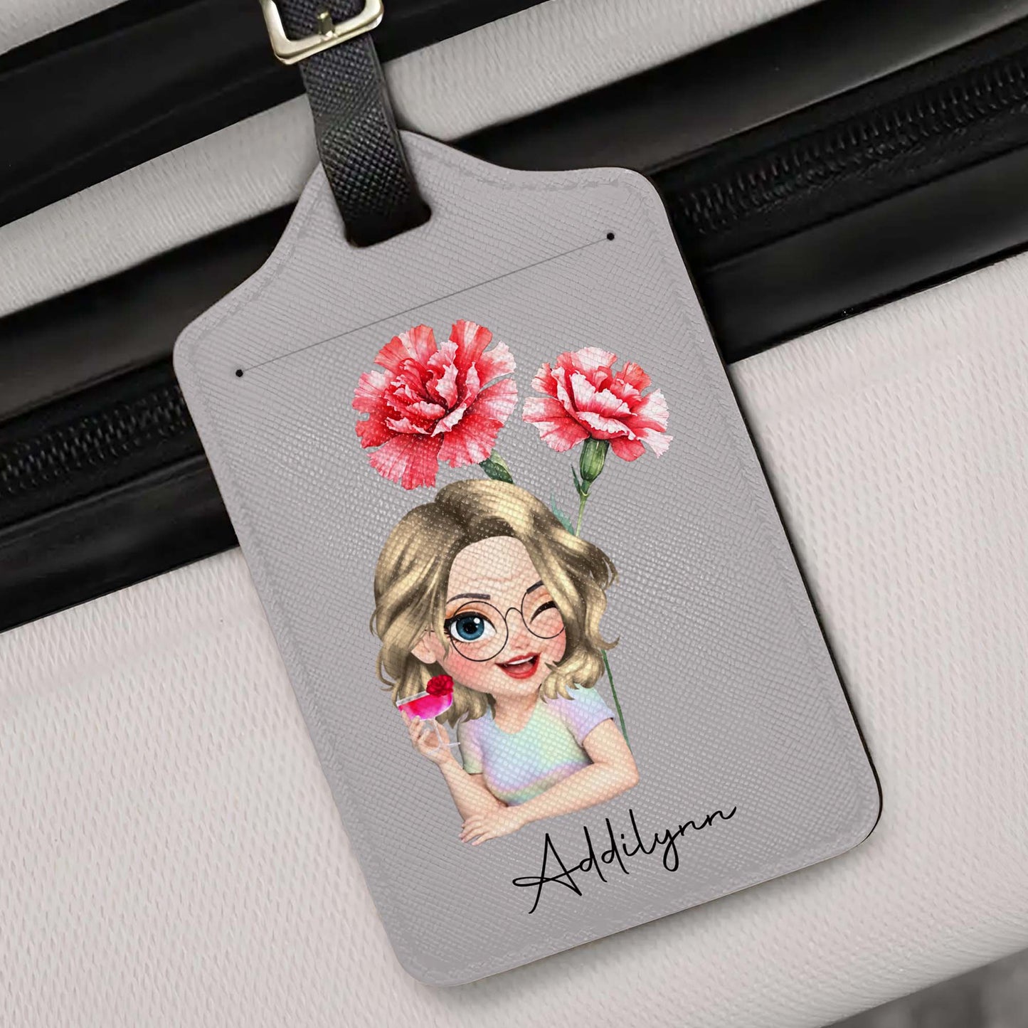 Personalized Custom Cartoon Girl Luggage Tag with Flowers