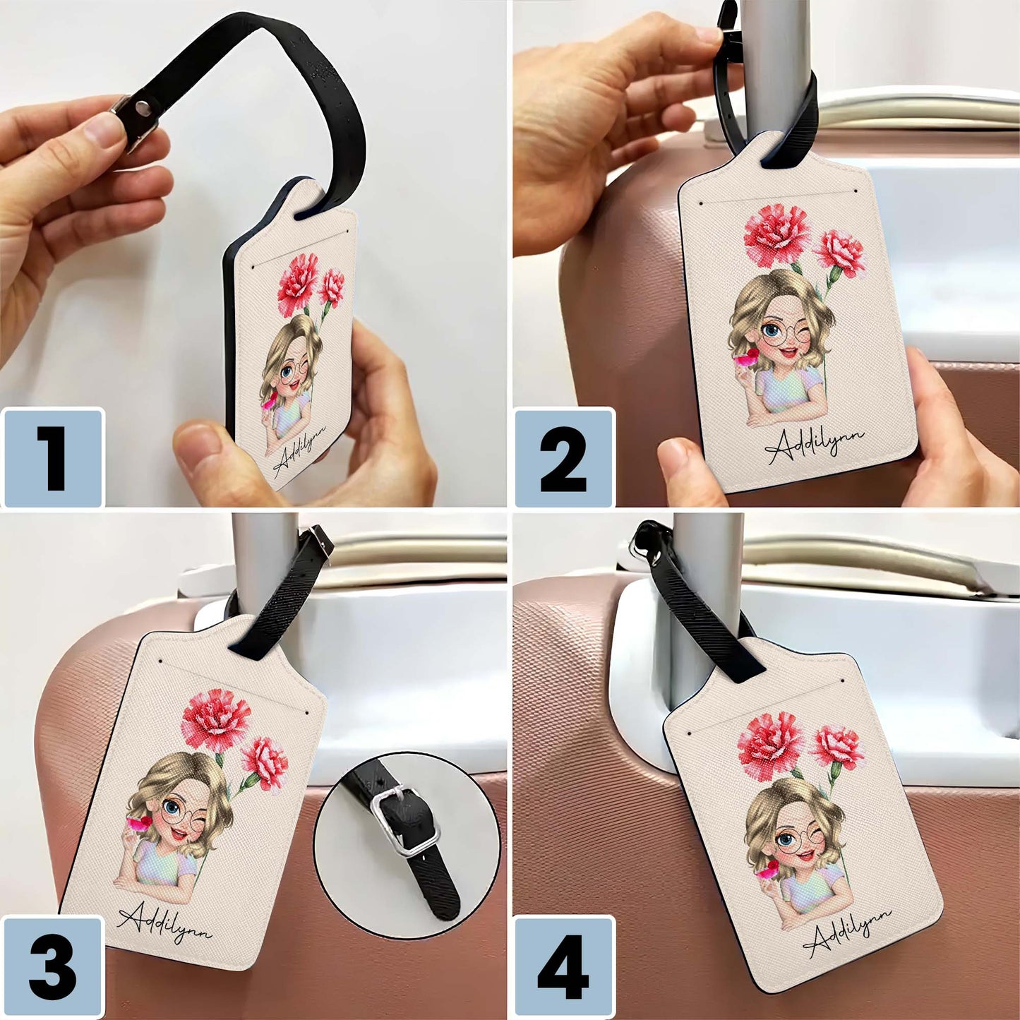 Personalized Custom Cartoon Girl Luggage Tag with Flowers