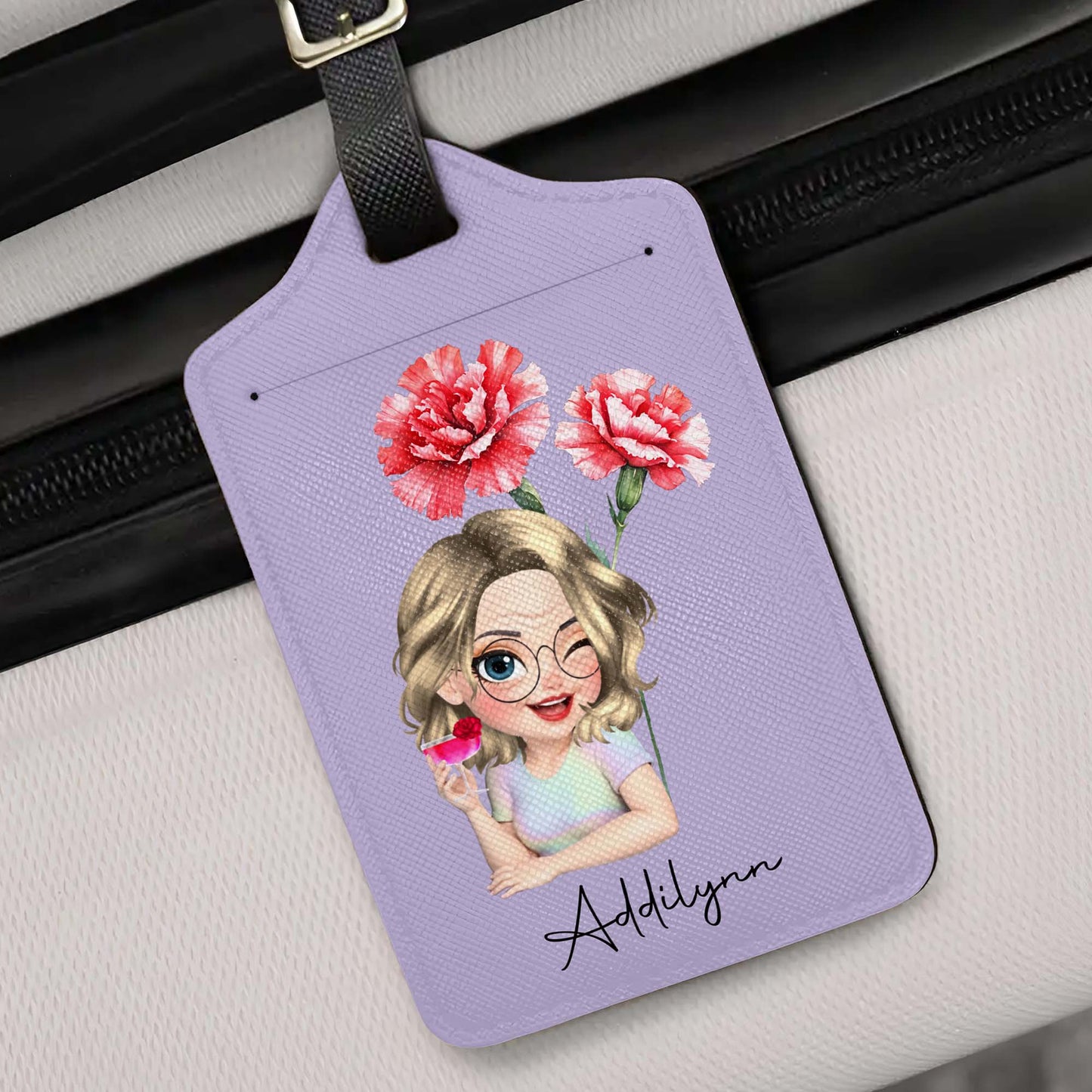 Personalized Custom Cartoon Girl Luggage Tag with Flowers