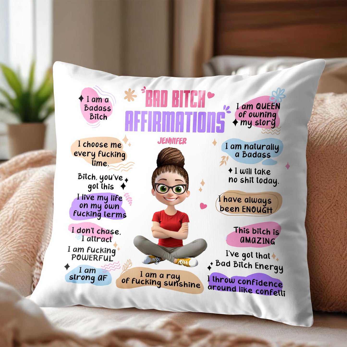 Affirmations de mauvaise garce, personnage de dessin animé - Oreiller personnalisé, insert inclus - DTG025_PLW