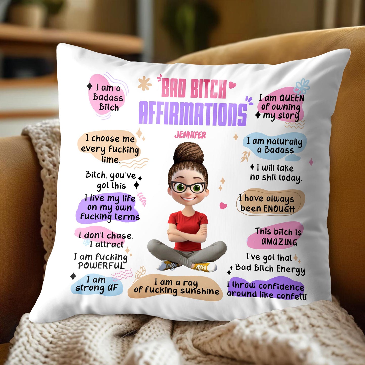 Affirmations de mauvaise garce, personnage de dessin animé - Oreiller personnalisé, insert inclus - DTG025_PLW