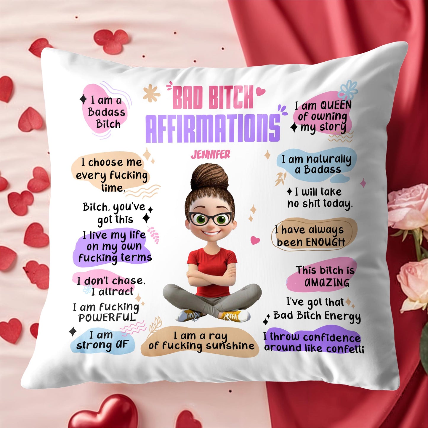 Affirmations de mauvaise garce, personnage de dessin animé - Oreiller personnalisé, insert inclus - DTG025_PLW