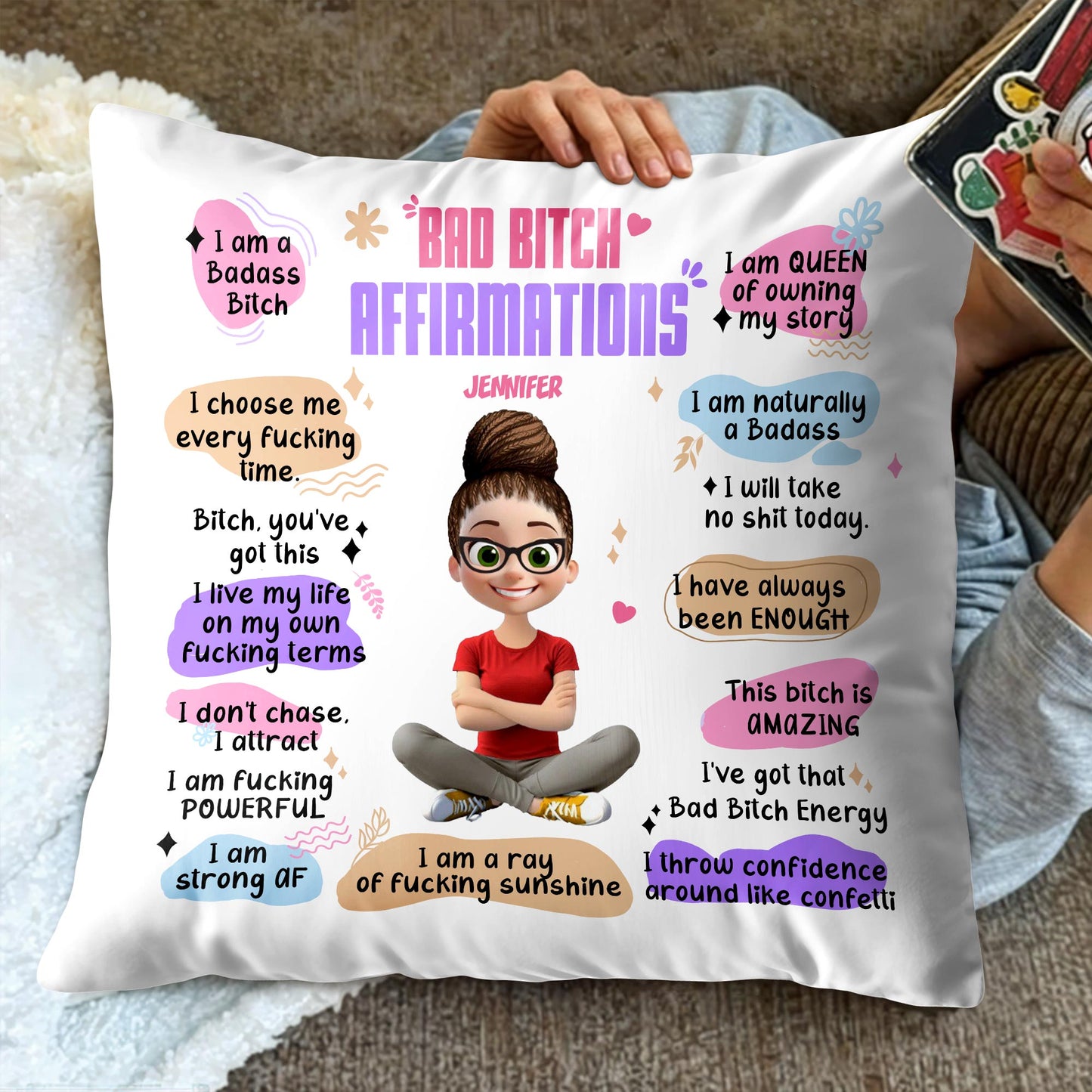 Affirmations de mauvaise garce, personnage de dessin animé - Oreiller personnalisé, insert inclus - DTG025_PLW