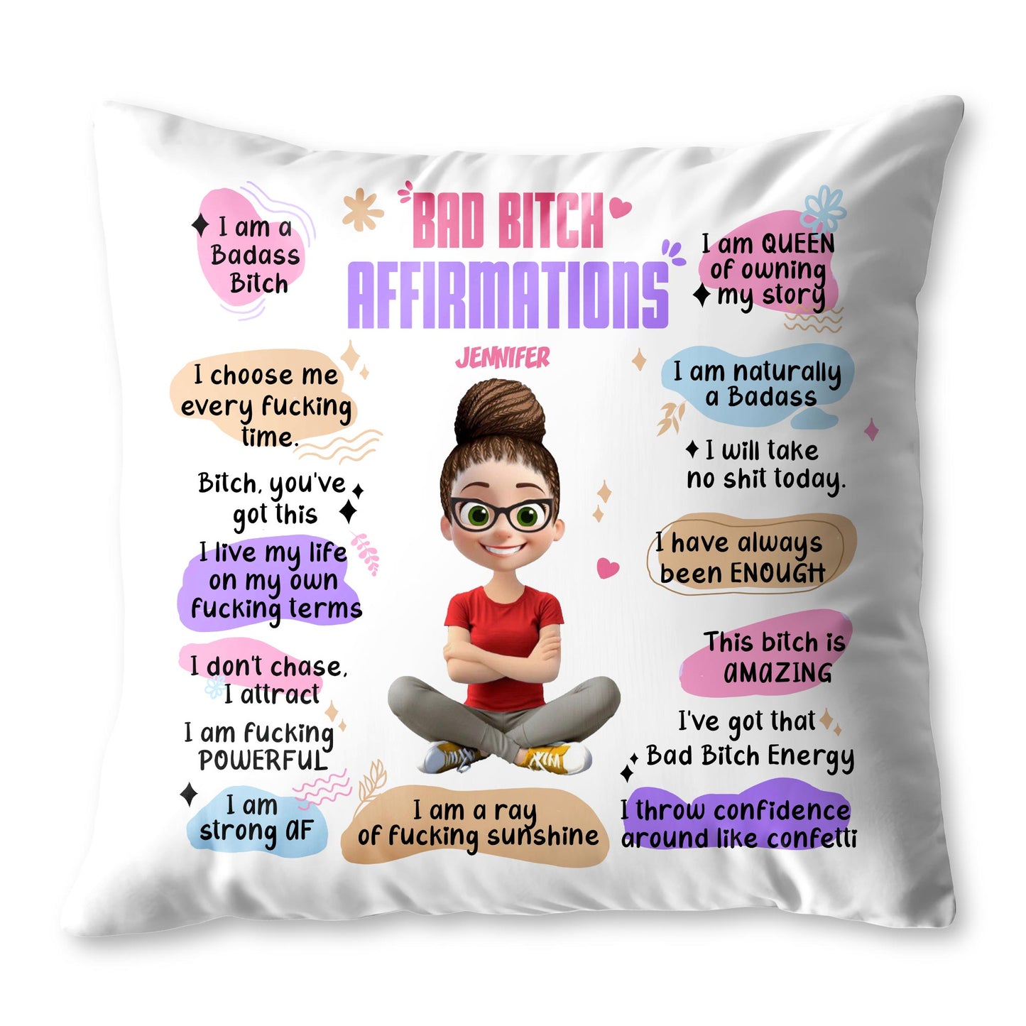 Affirmations de mauvaise garce, personnage de dessin animé - Oreiller personnalisé, insert inclus - DTG025_PLW