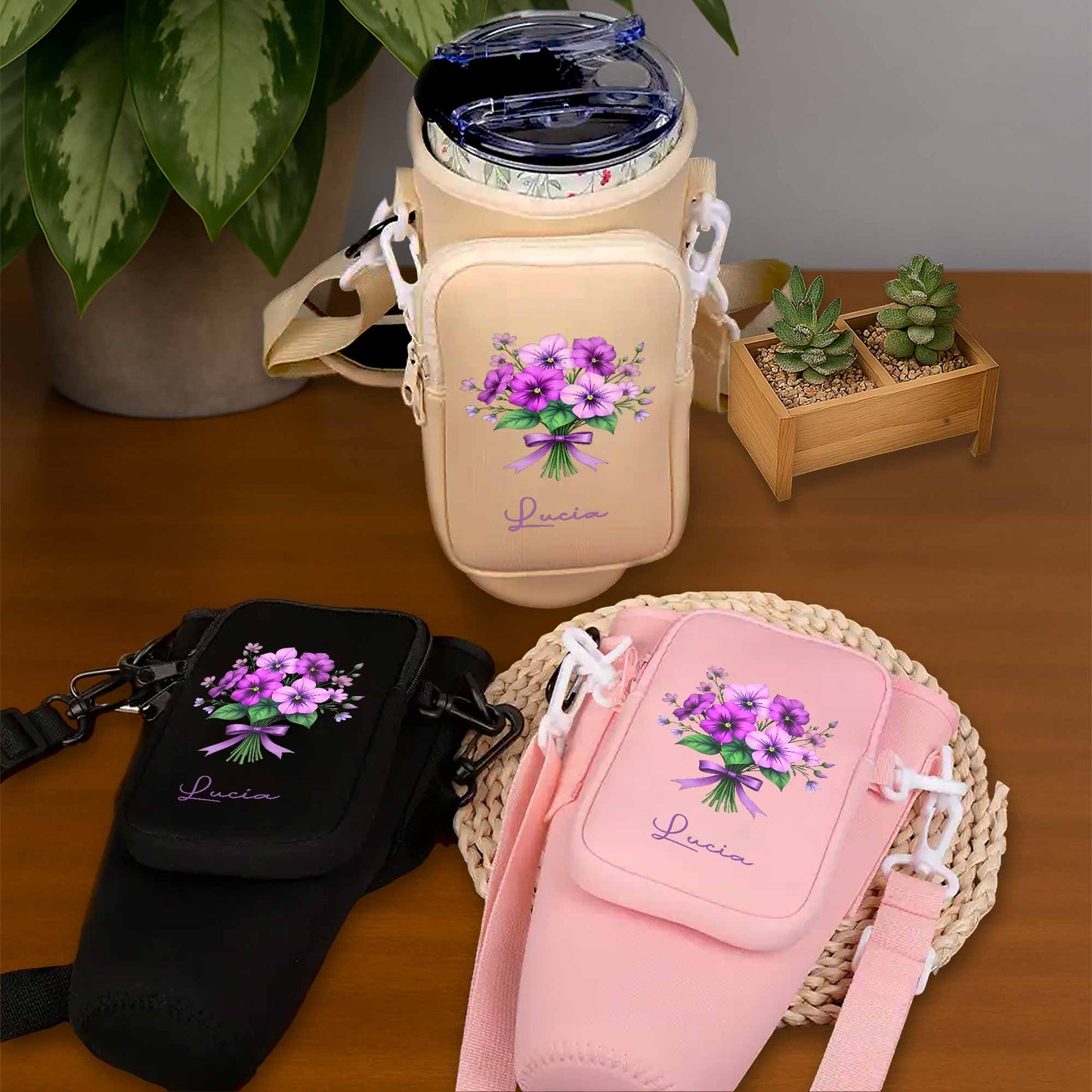 Sac porte-bouteille personnalisable à motif floral - Sac porte-bouteille personnalisé - DTG026_BCB