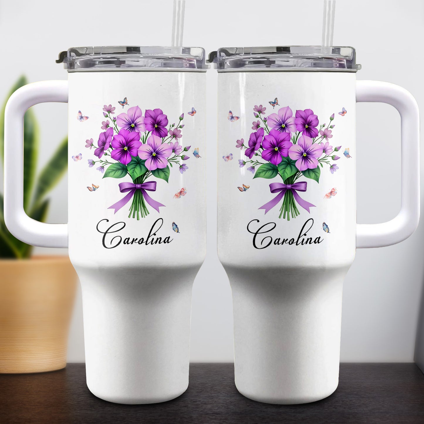 Vibrant Floral Design Tumbler With Butterflies And Elegant Ribbons