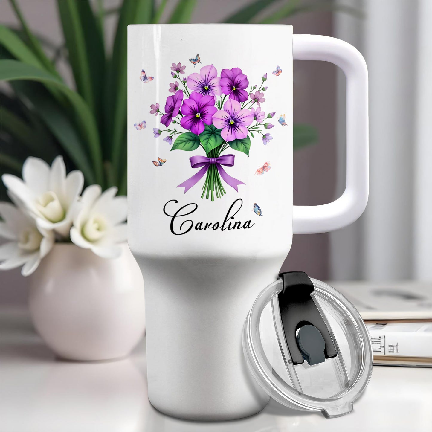 Vibrant Floral Design Tumbler With Butterflies And Elegant Ribbons