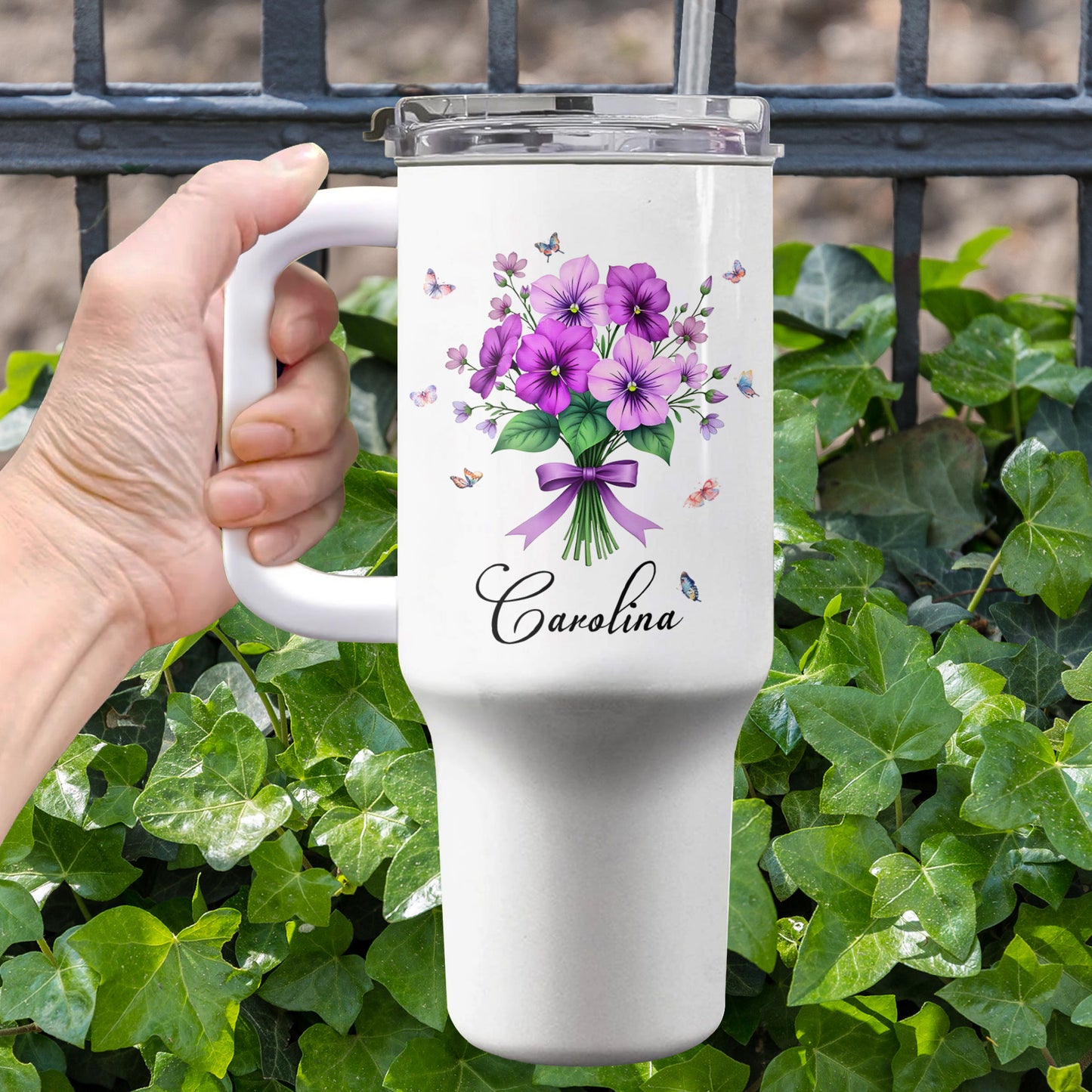 Vibrant Floral Design Tumbler With Butterflies And Elegant Ribbons