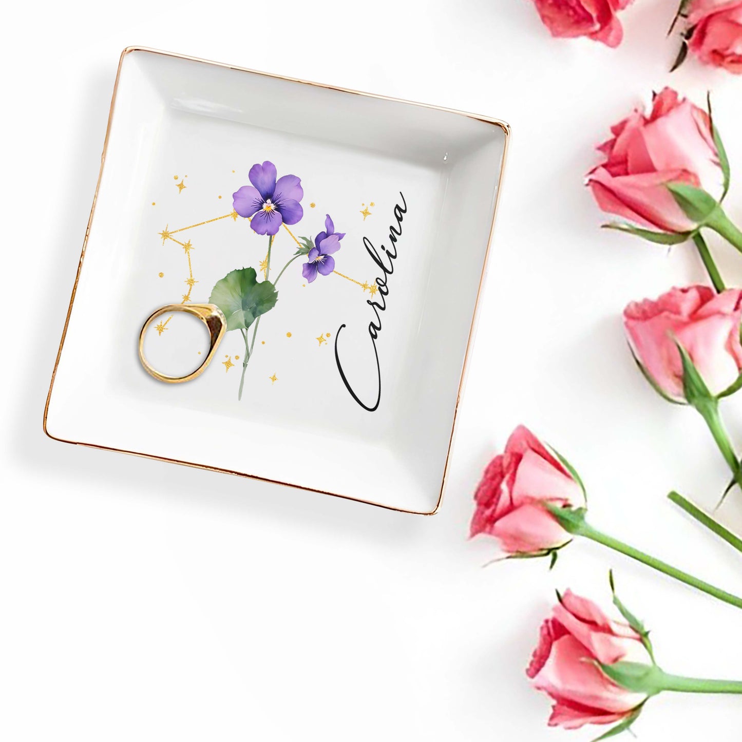 Colorful Flowers With Constellation Design Personalized Dish