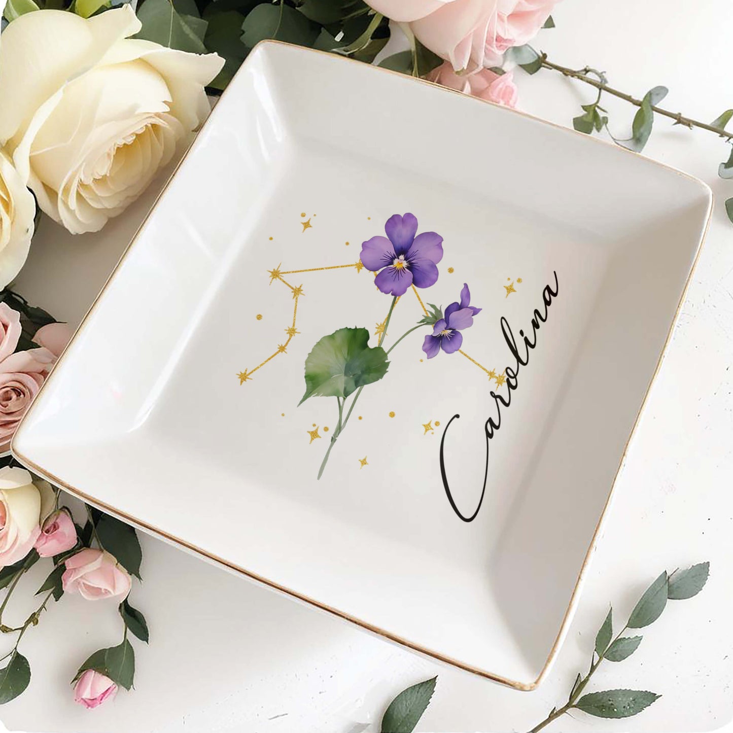 Colorful Flowers With Constellation Design Personalized Dish