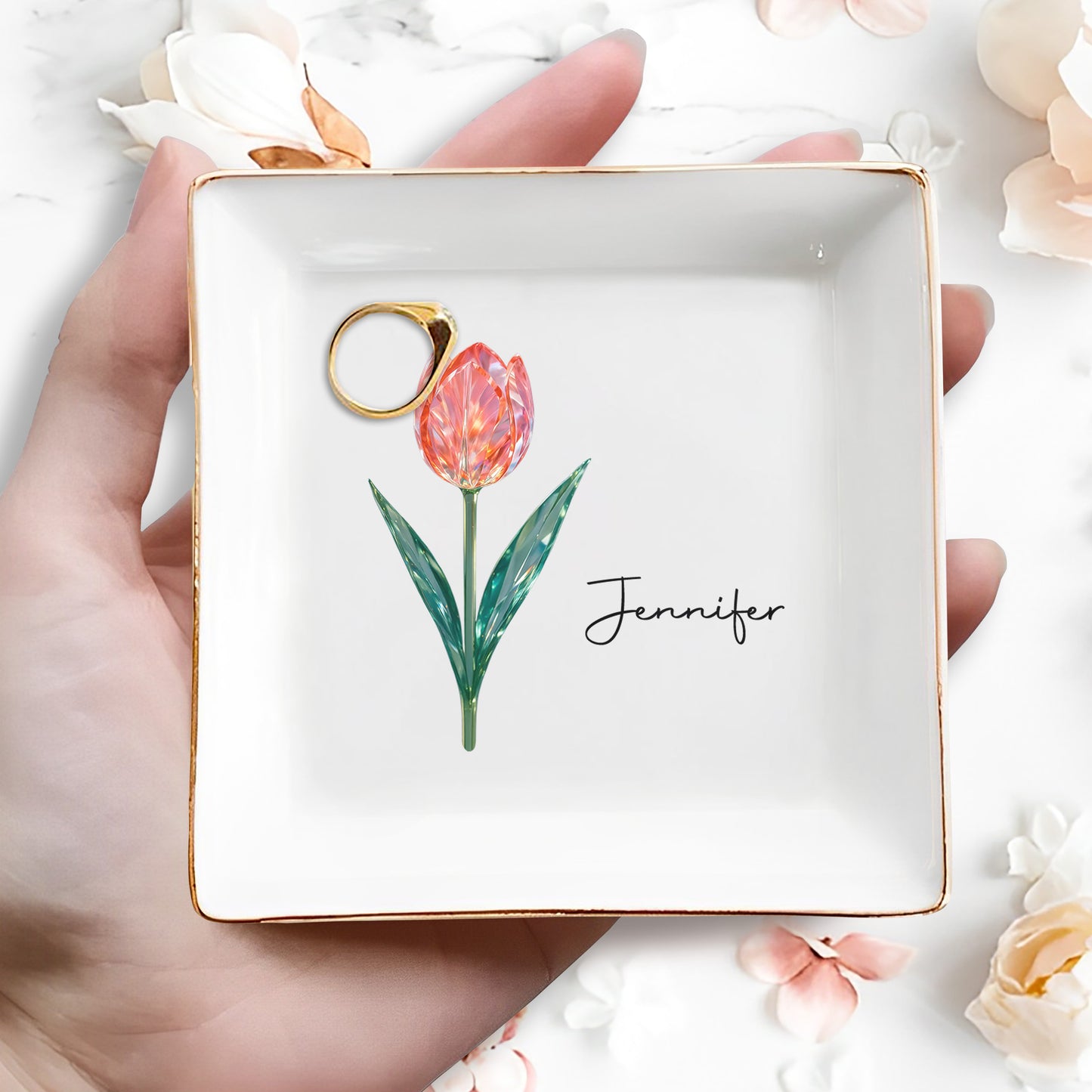 Elegantly Personalized Tulip Design Jewelry Dish - Personalized Custom Jewelry Dish, Square Ceramic Dish - DTG054_SCRD