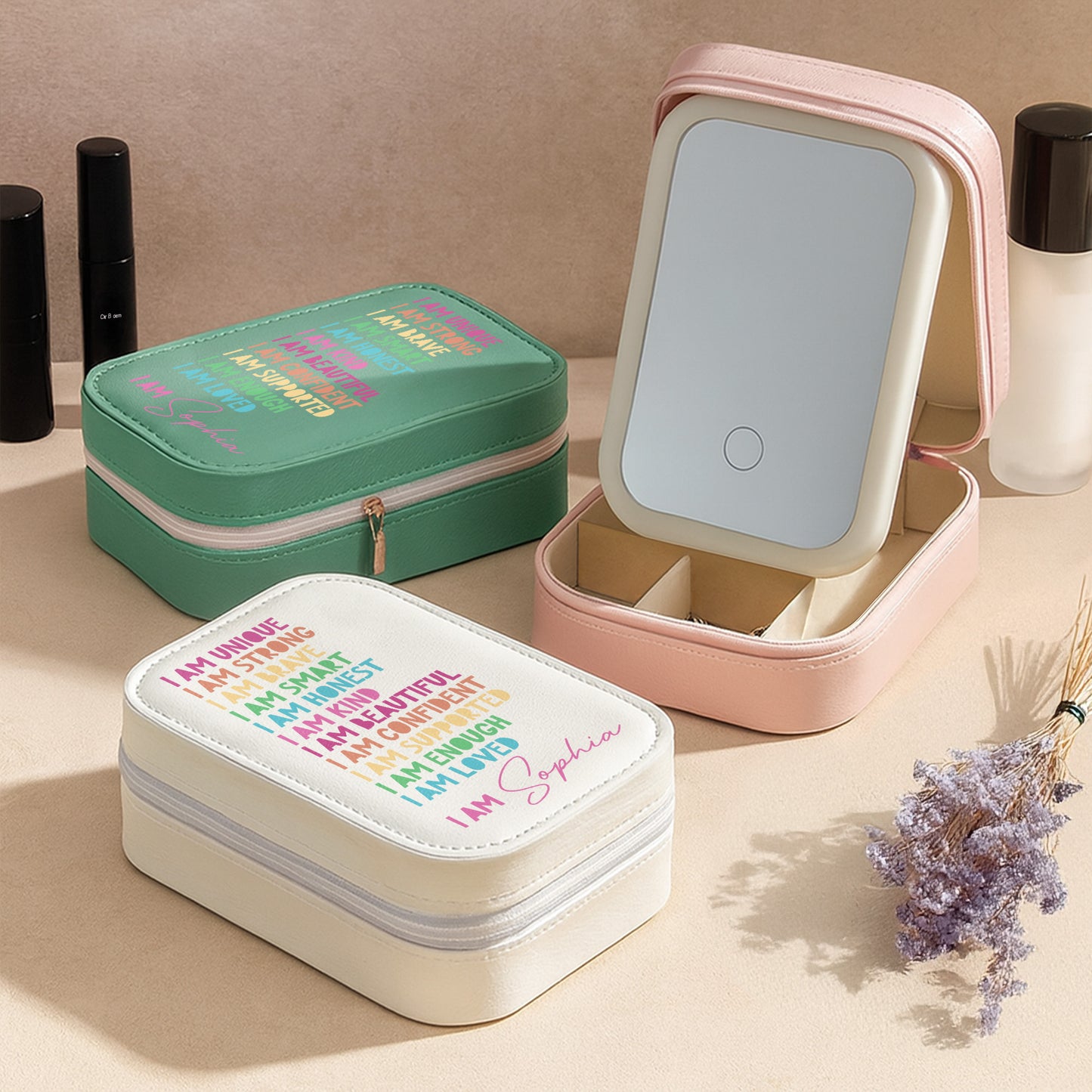 I Am Unique, I Am Strong, Motivational Phrases - Personalized Custom Jewelry Box With LED Mirror - DTG058_LEBOX