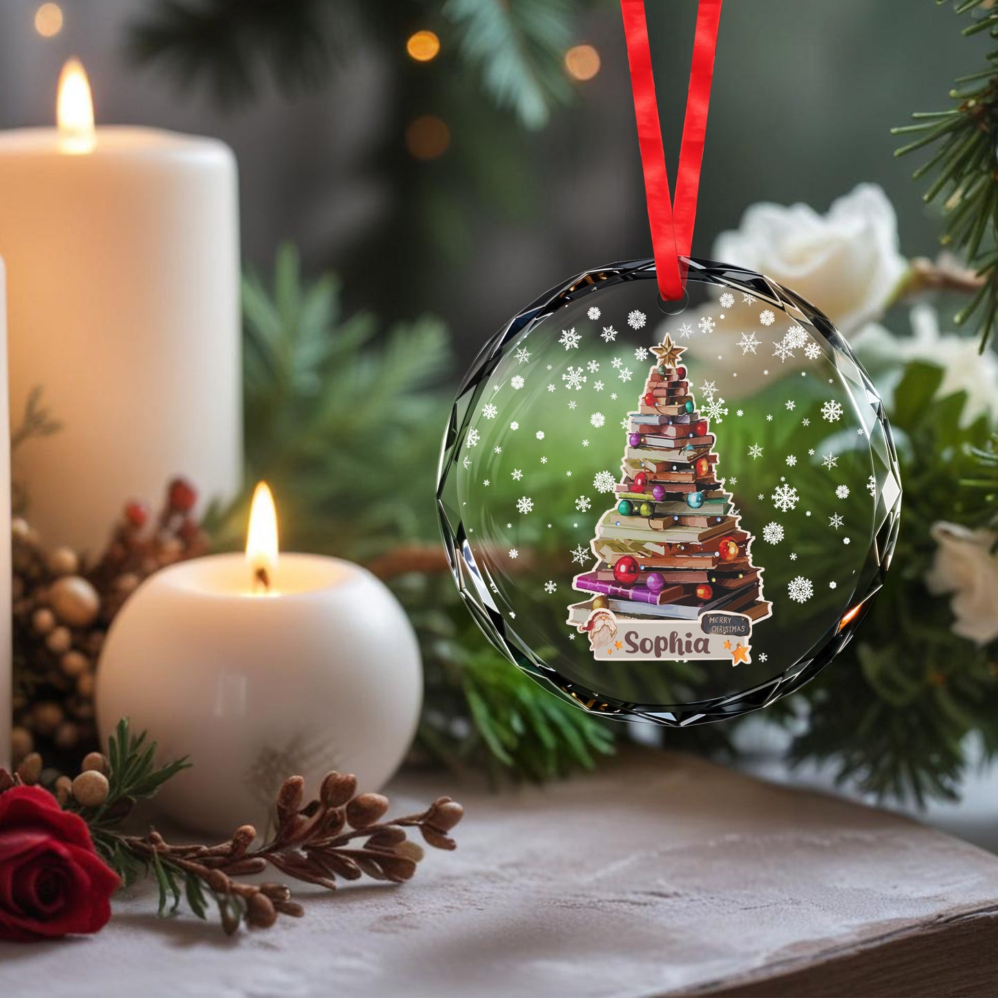 Merry Christmas Tree Of Books Glass Ornament