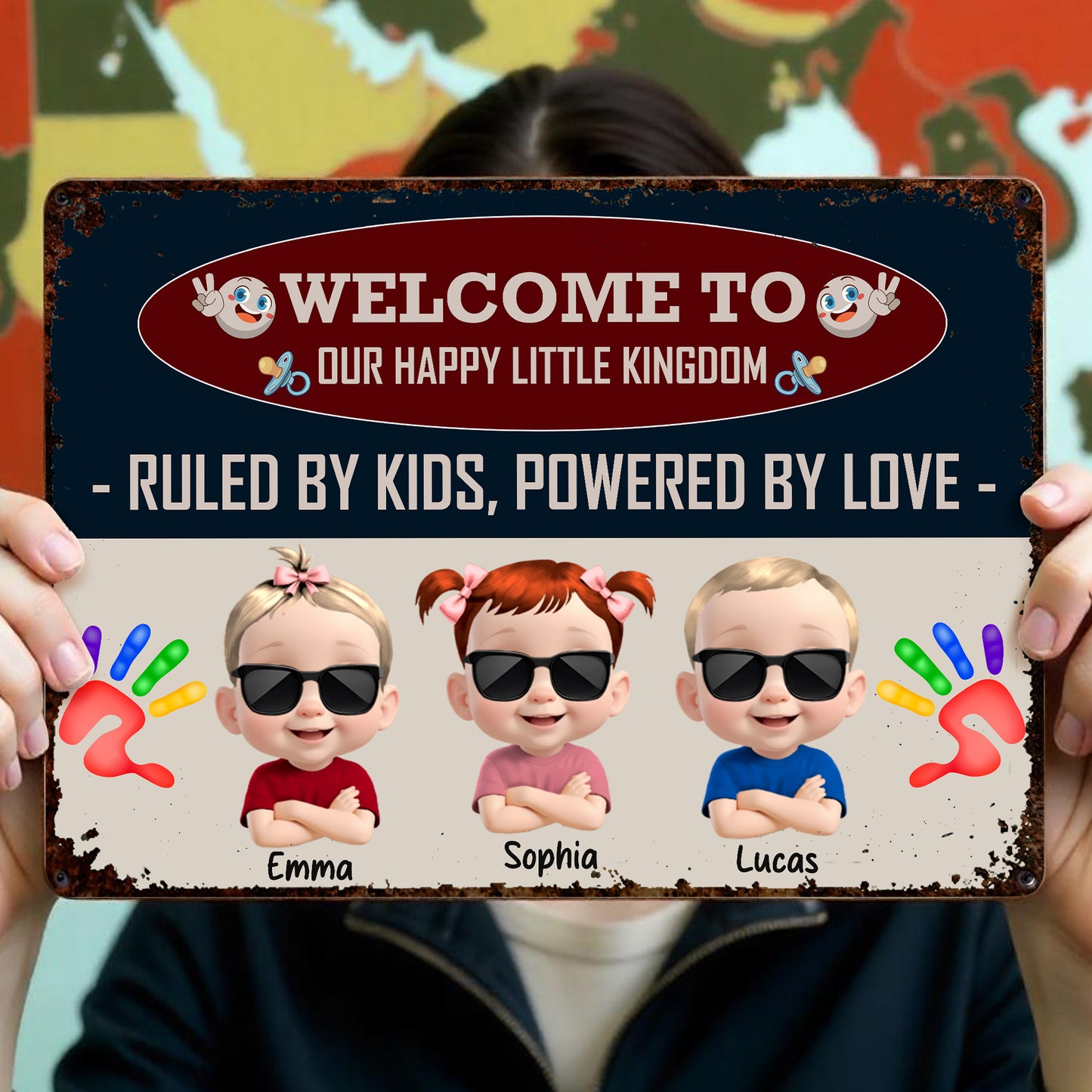 Welcome To Our Happy Little Kingdom, Ruled By Kids, Powered By Love, Children and Handprints