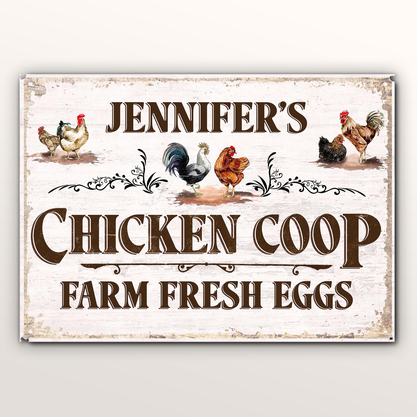 Poulailler, œufs frais de la ferme et poules colorées – Plaque métallique personnalisée – FAM034_MSIGN