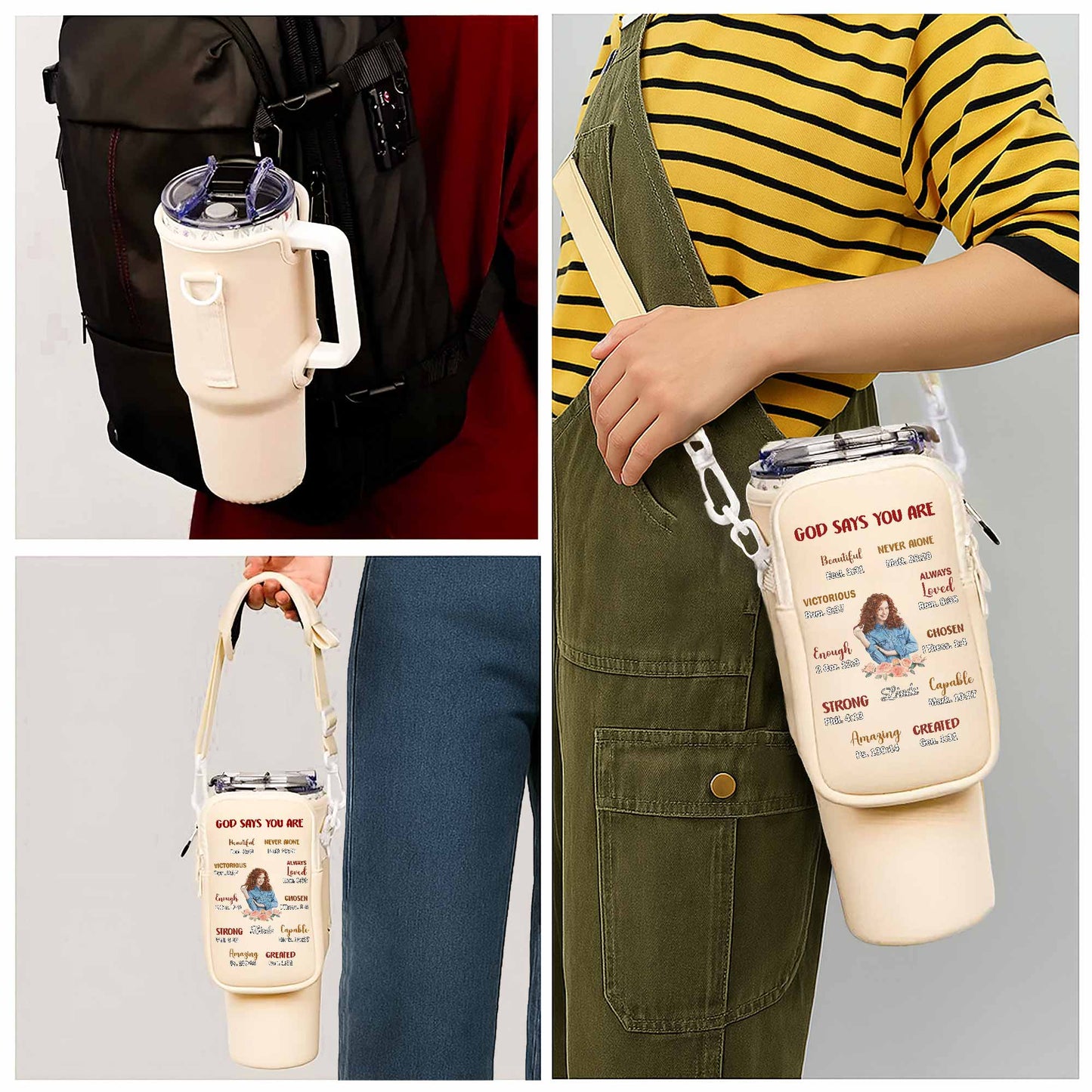 God Says You Are Beautiful, Victorious, and Strong - Personalized Custom Water Bottle Carrier Bag - FAM039_BCB