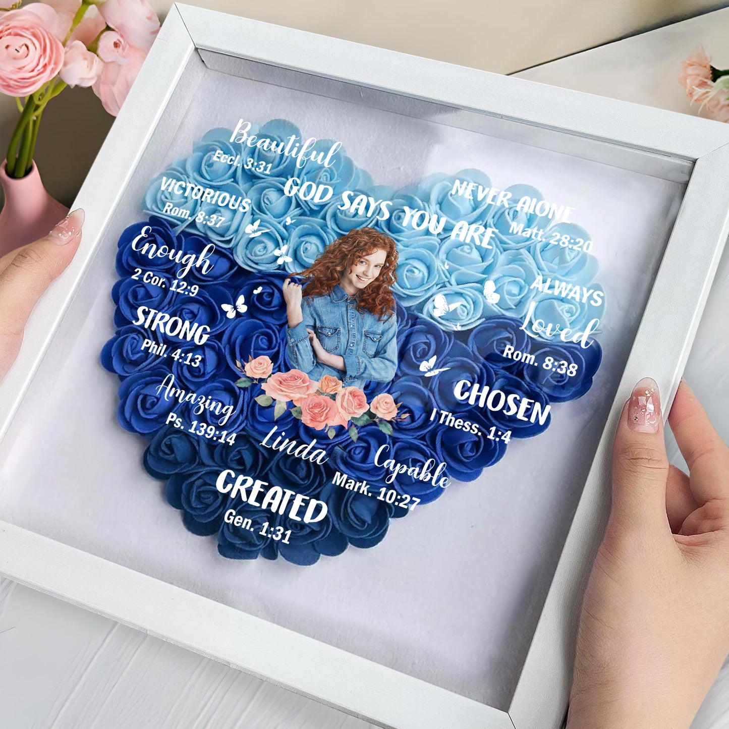 Beautiful, God Say You Are Victorious, Flowers And Hearts - Personalized Flower Shadow Box - FAM039_HESHA