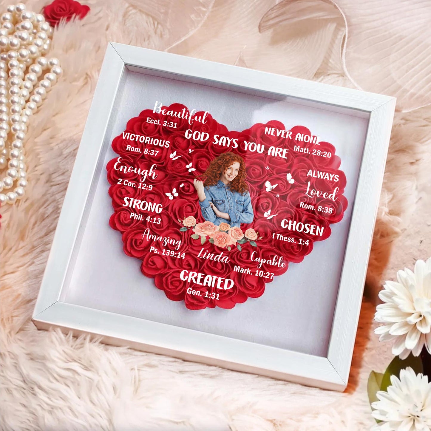 Beautiful, God Say You Are Victorious, Flowers And Hearts - Personalized Flower Shadow Box - FAM039_HESHA