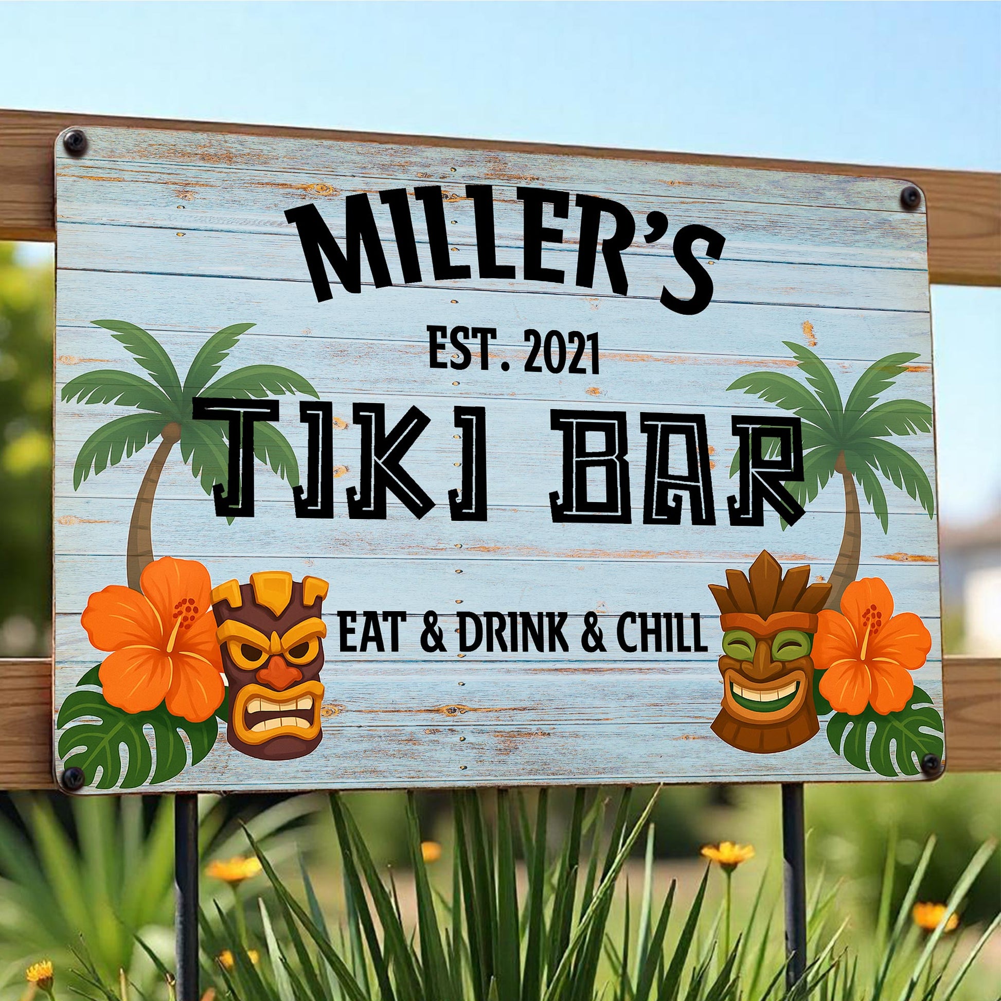 Eat & Drink & Chill, Palm Tree, Tiki Masks, Tropical Flowers