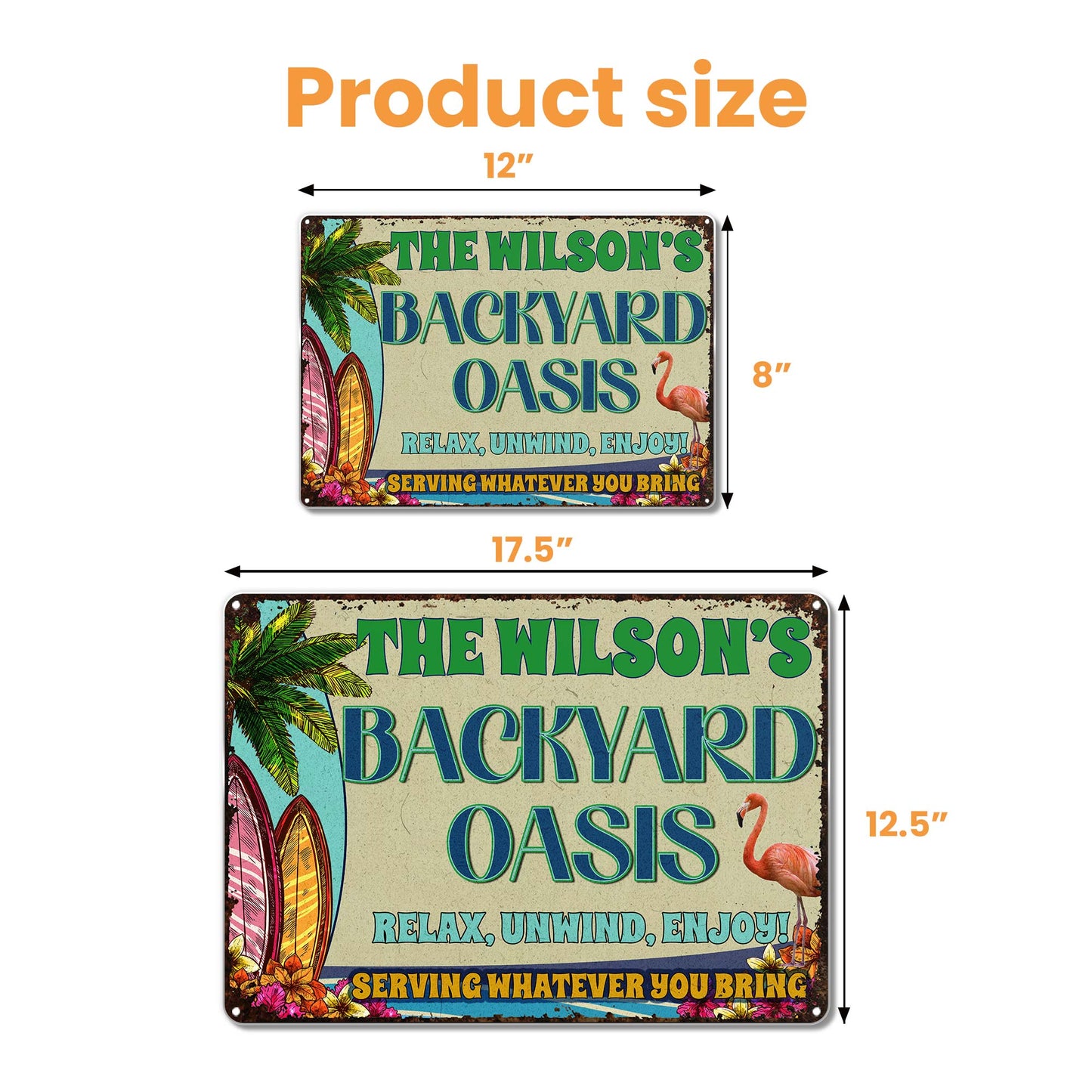 Backyard Oasis With Palm Tree, Surfboard, And Flamingo - Personalized Metal Sign - FAM045_MSIGN