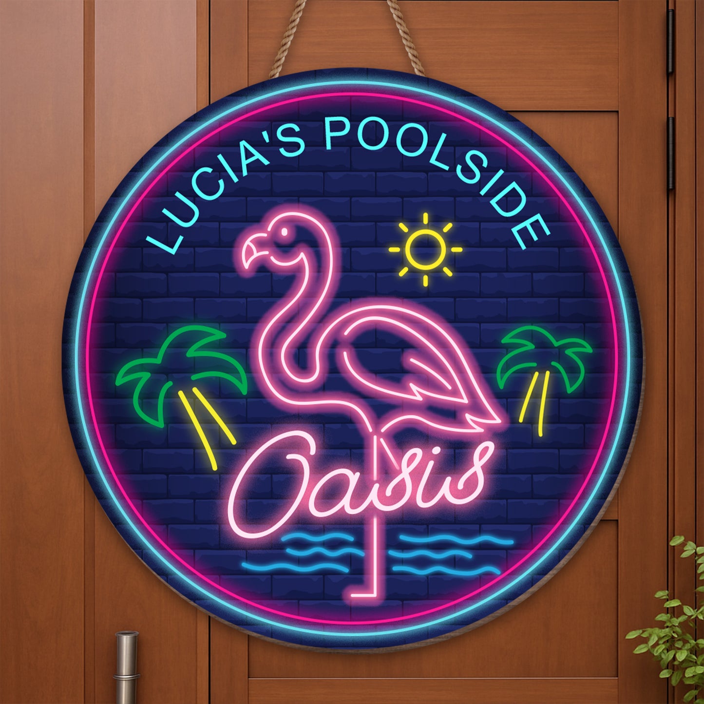 Poolside Oasis With Flamingo And Palm Trees