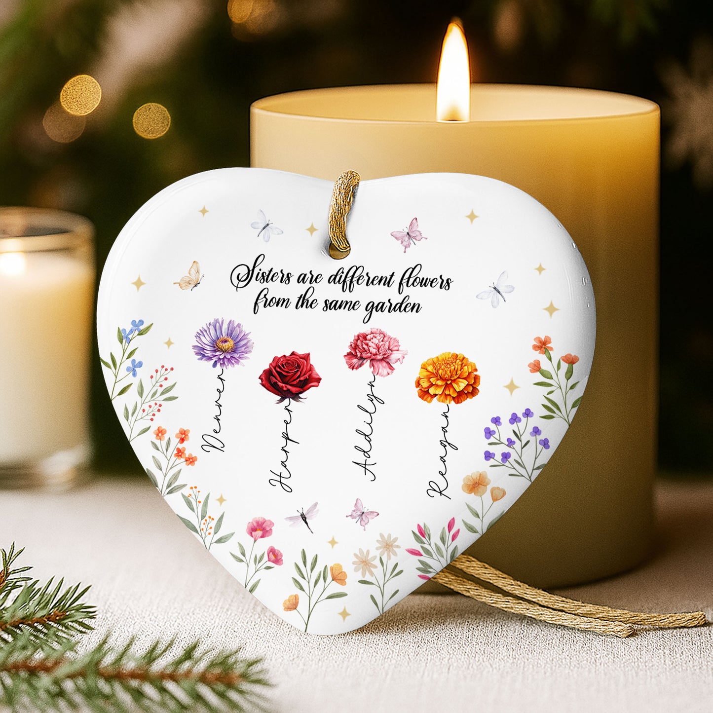 Sisters Are Different Flowers From The Same Garden - Personalized Custom Ceramic Ornament With Heart Shape - FAM078_HCE