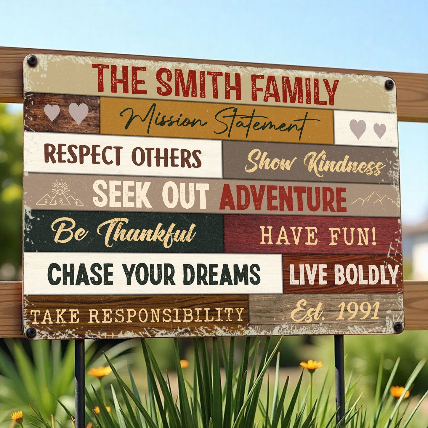 Respect Others And Show Kindness Family Sign With Hearts And Mountains