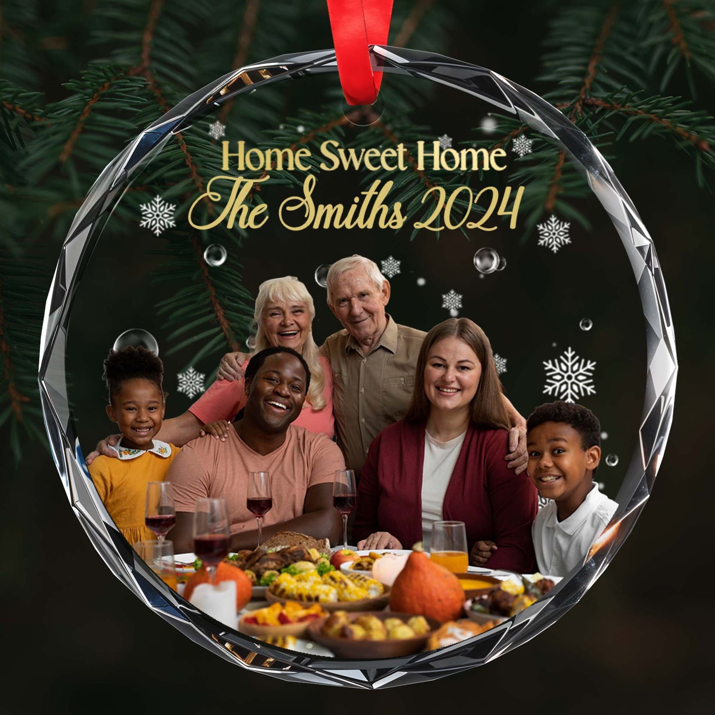 Home Sweet Home Family Gathering Dinner Table - Personalized Custom Circle Glass Ornament - FAM109_CGOR