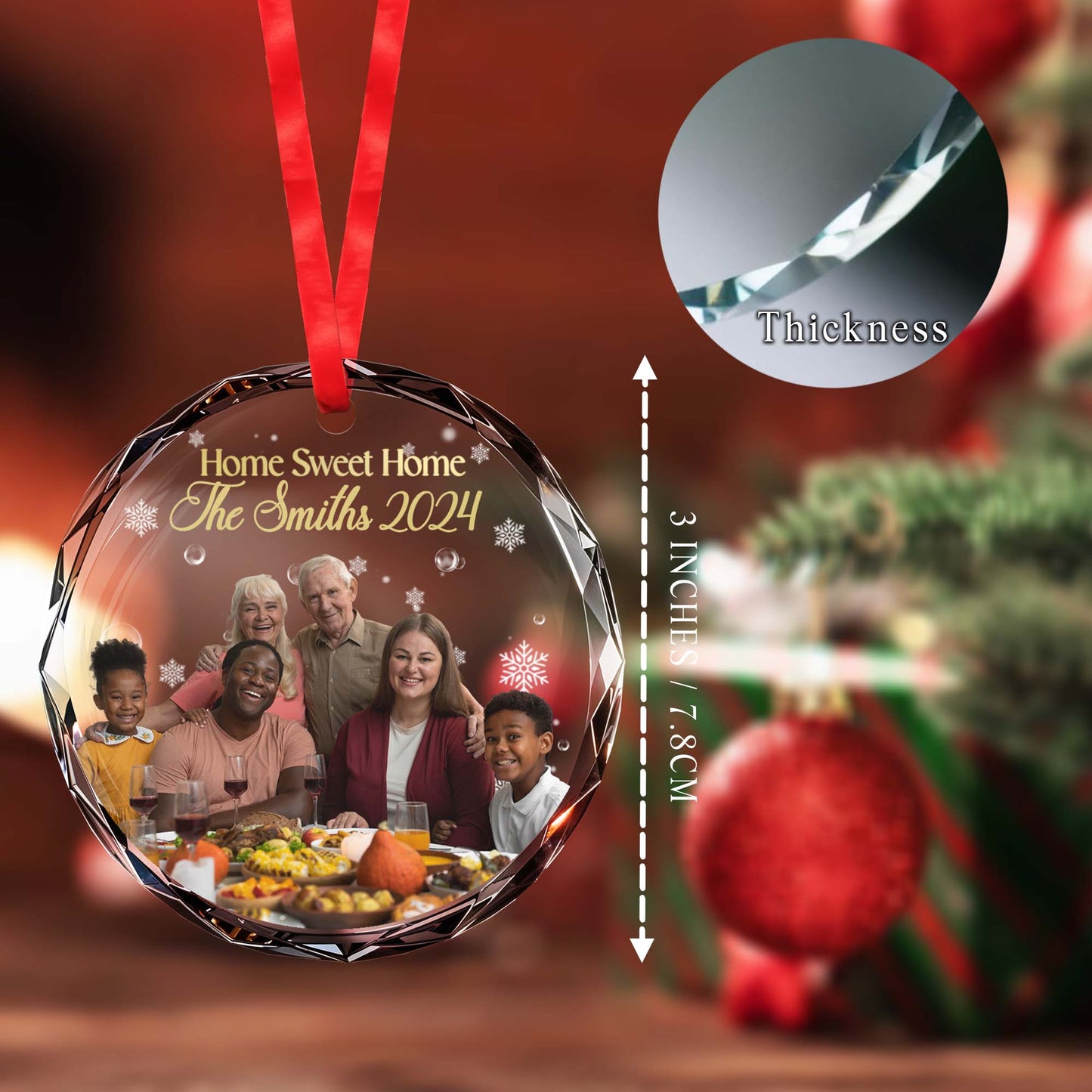 Home Sweet Home Family Gathering Dinner Table - Personalized Custom Circle Glass Ornament - FAM109_CGOR