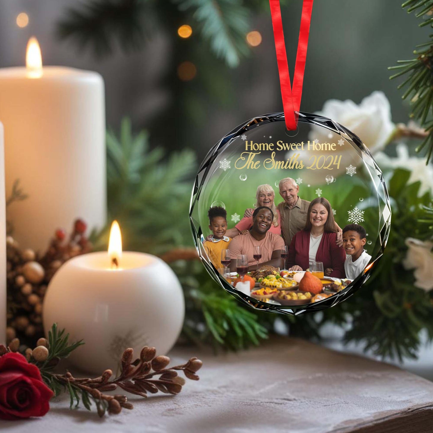 Home Sweet Home Family Gathering Dinner Table - Personalized Custom Circle Glass Ornament - FAM109_CGOR