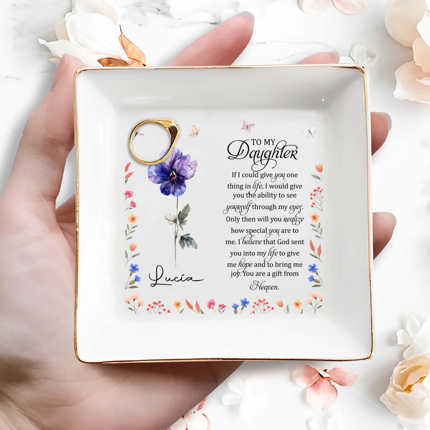 Citation « Cadeau du ciel » avec fleurs et papillons – Plat à bijoux personnalisé – FAM115_SCRD
