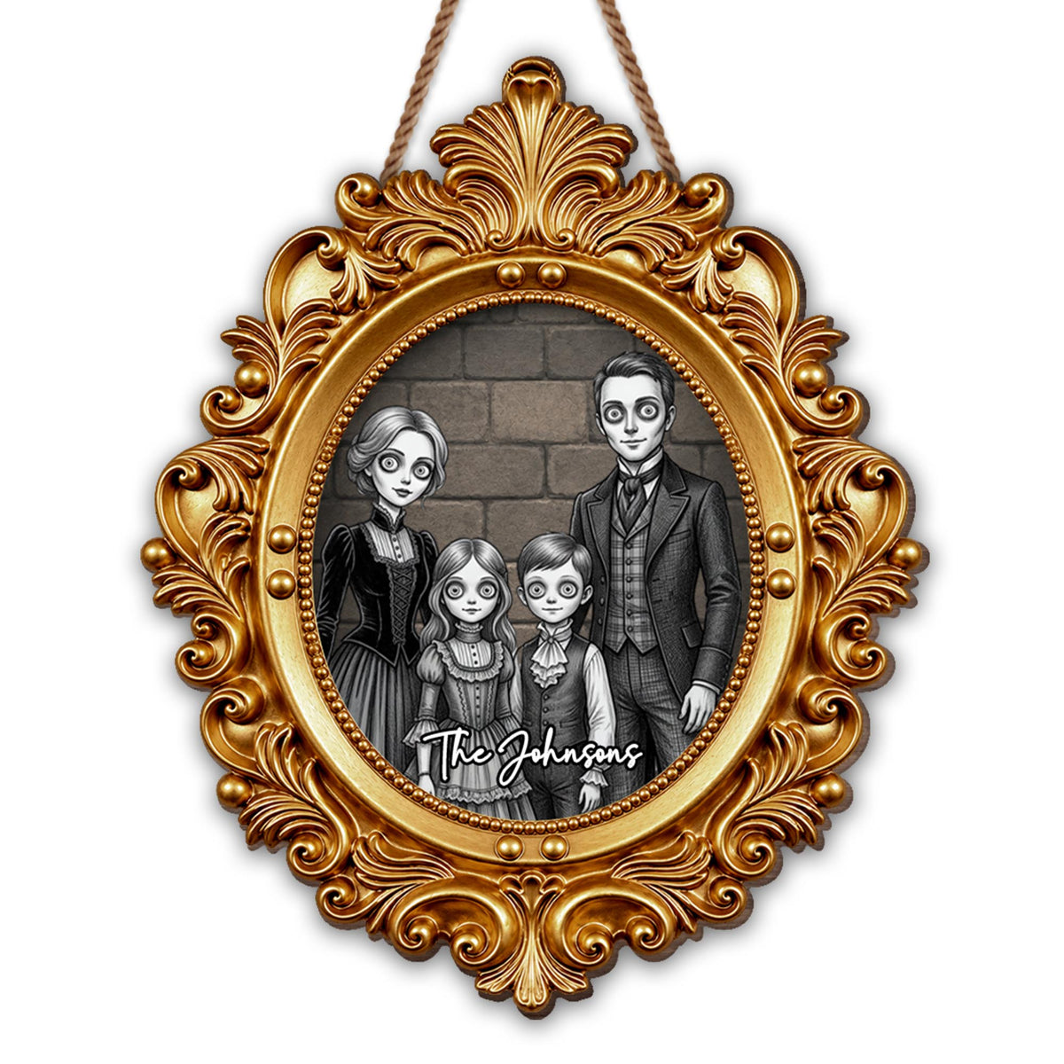 Our Family Gothic Spooky Portrait With Victorian Gold Frame - Personalized Custom Shaped Wood Sign - FAM1215_WSIGN