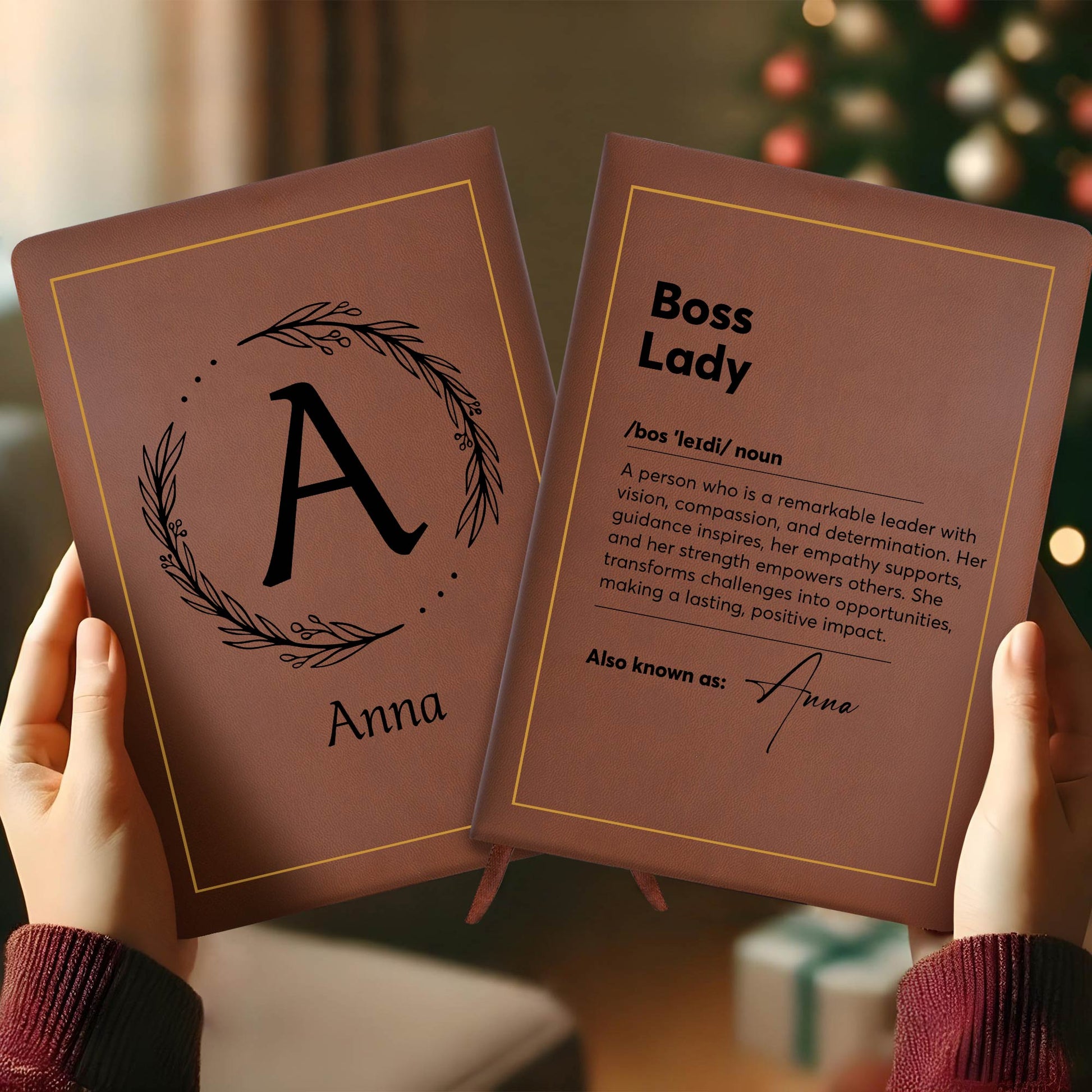 Boss Lady Inspirational Leather Journal With Initial Wreath