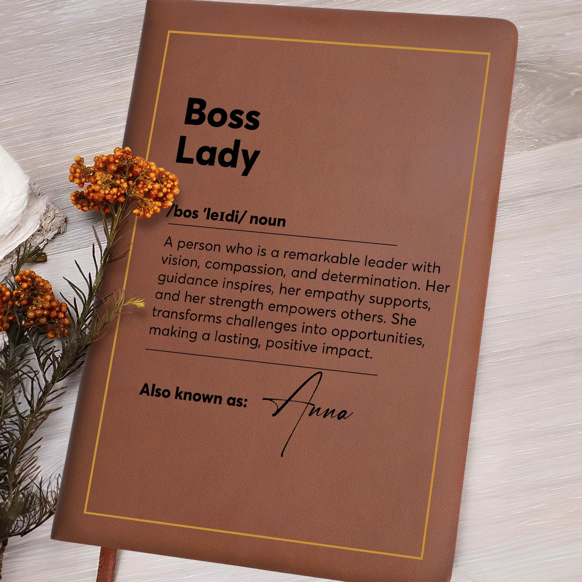 Boss Lady Inspirational Leather Journal With Initial Wreath