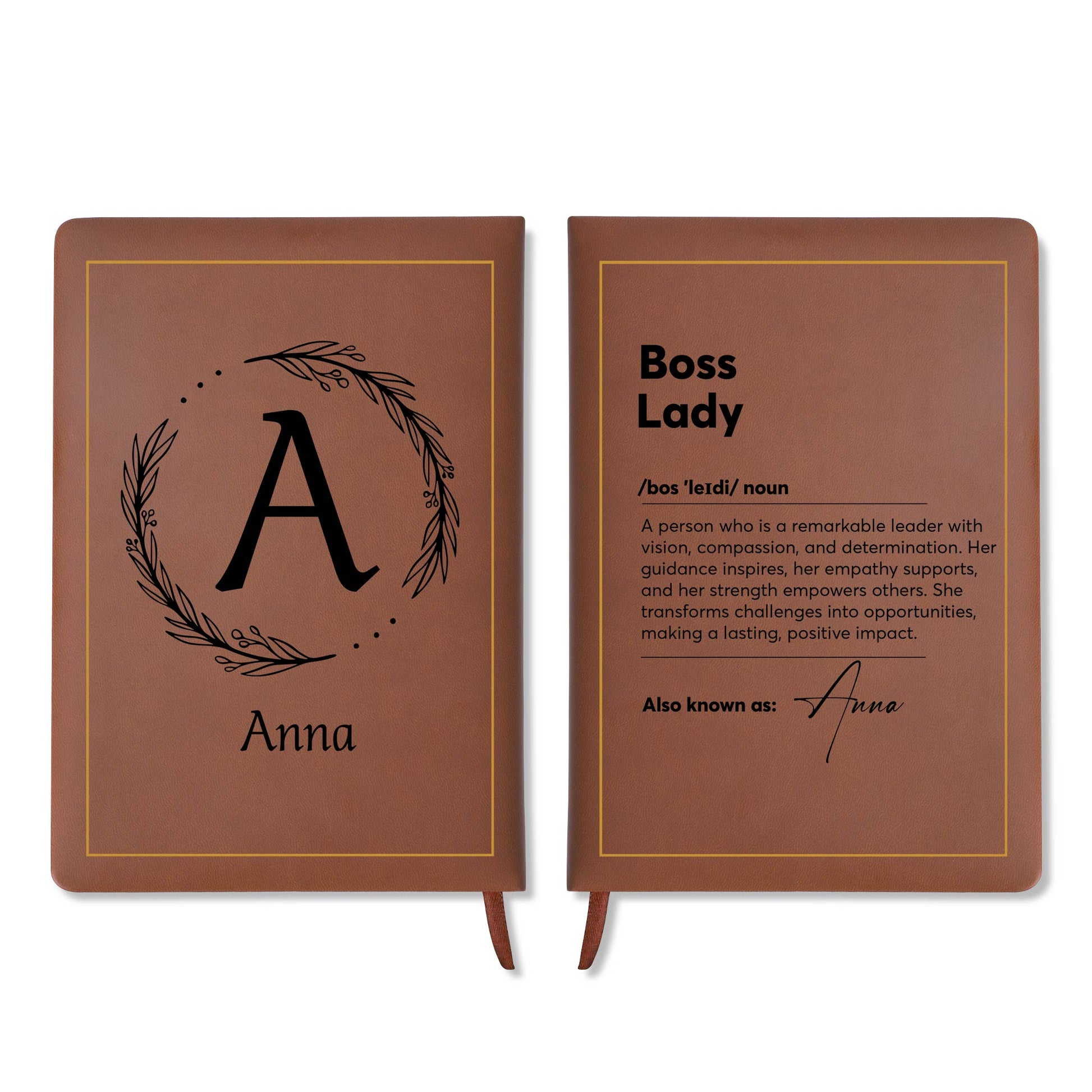 Boss Lady Inspirational Leather Journal With Initial Wreath