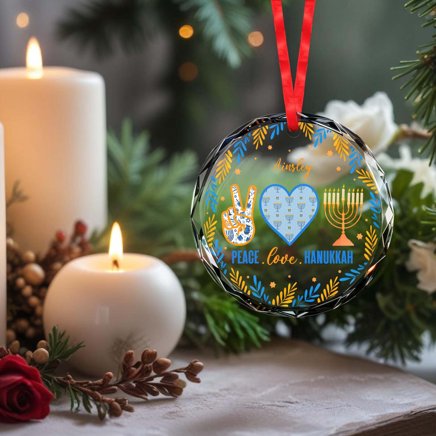 Peace Love Hanukkah Decorative Menorah Heart Ornament