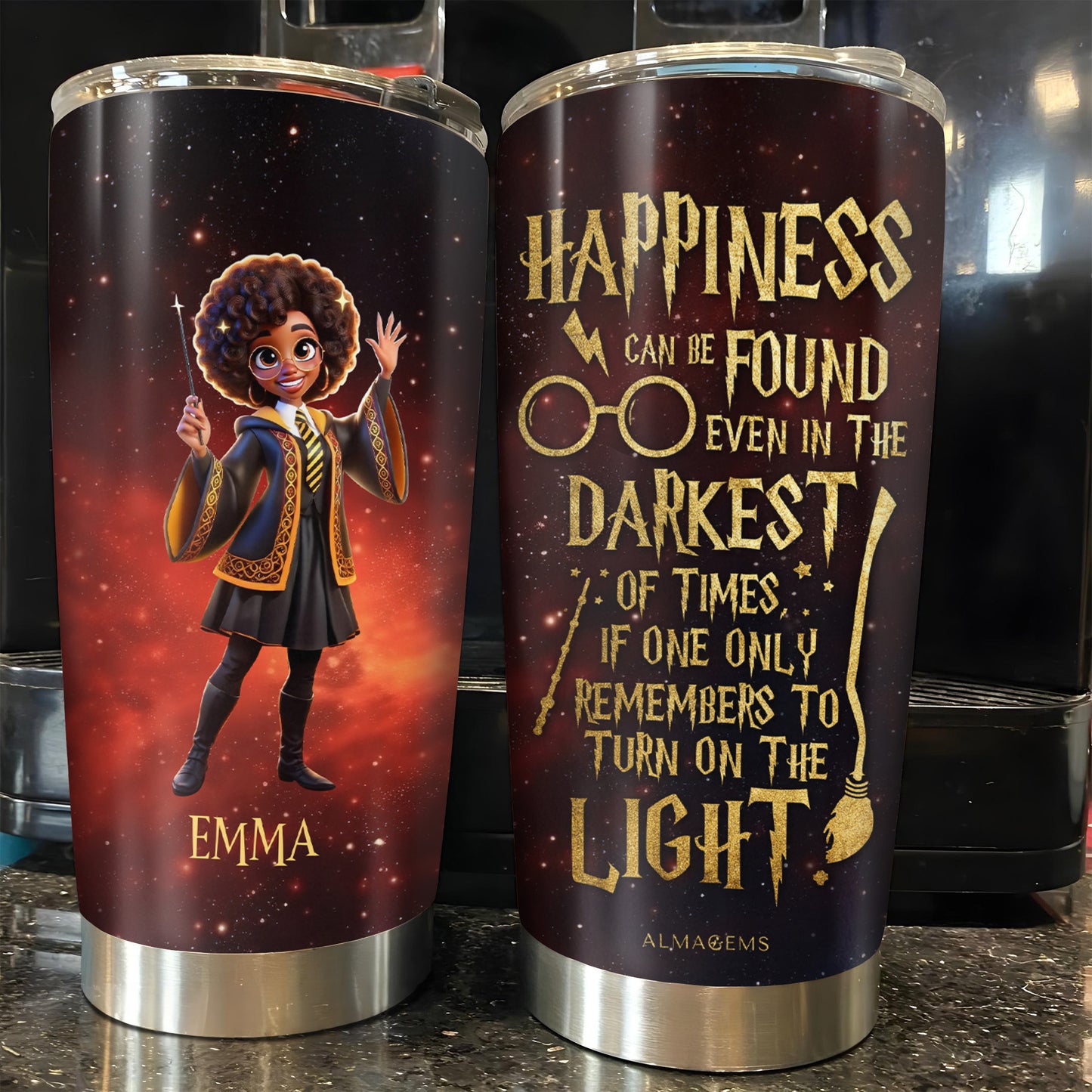Happiness Can Be Found In The Darkest Of Times Tumbler With Magical Design