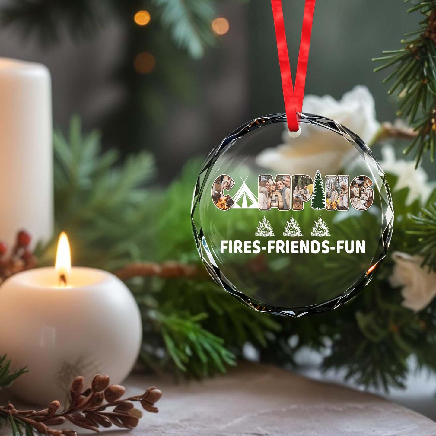 Camping Fires Friends Fun Circle Glass Ornament