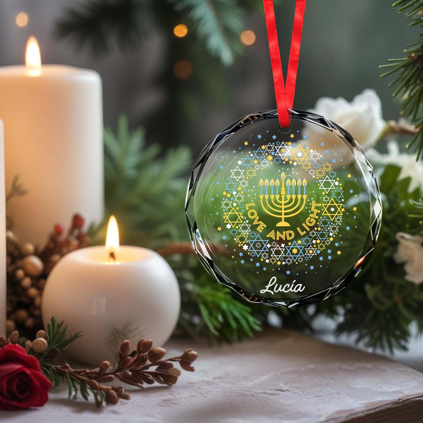 Love And Light Menorah And Stars Glass Ornament