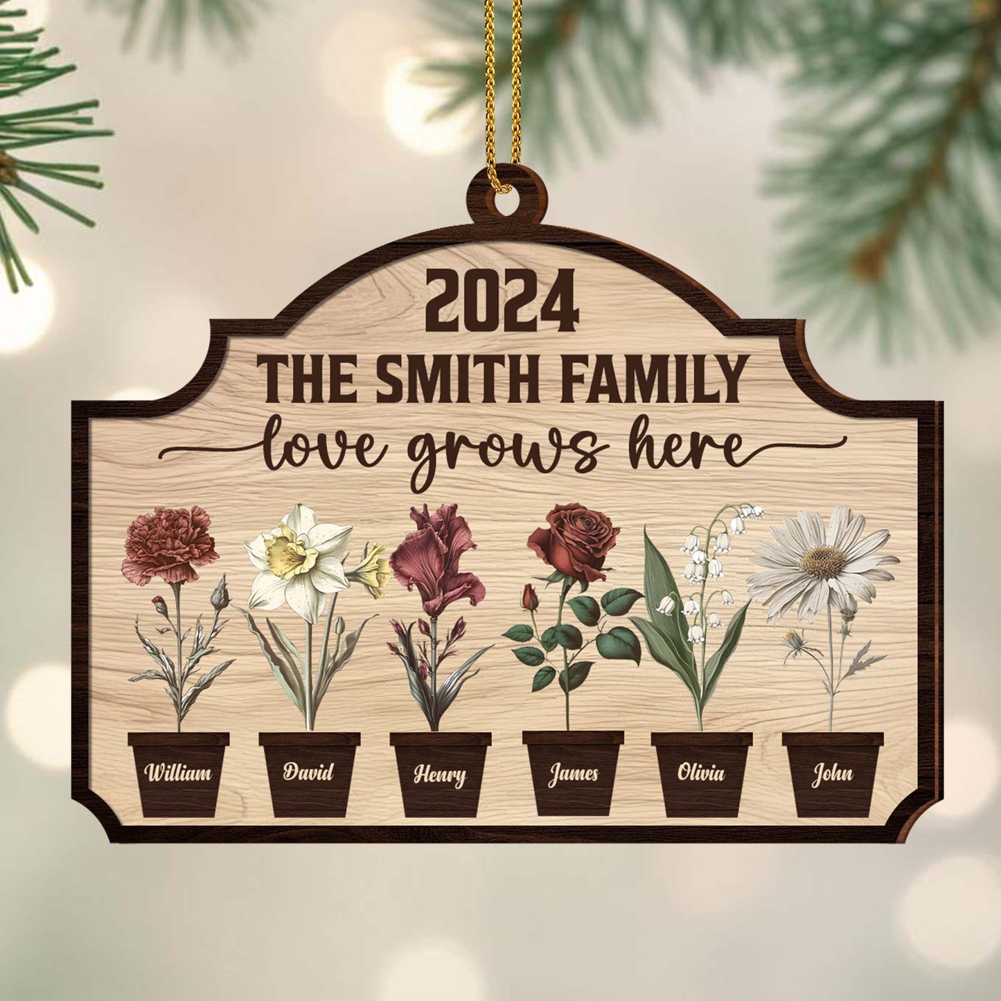 Love Grows Here With Beautiful Flowers Display - Personalized Custom Wood Ornament, Custom Shaped - FAM229_WDO