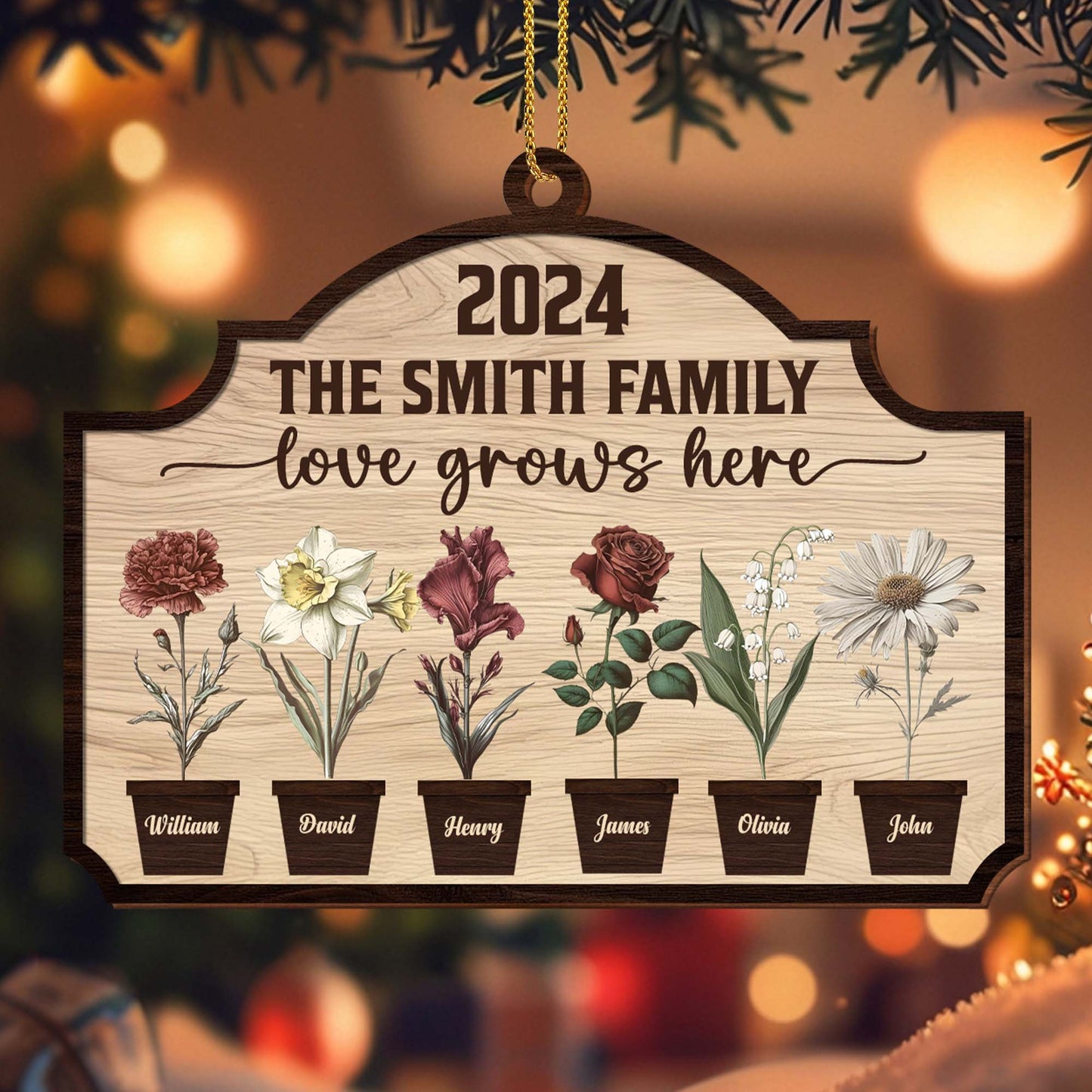 Love Grows Here With Beautiful Flowers Display - Personalized Custom Wood Ornament, Custom Shaped - FAM229_WDO