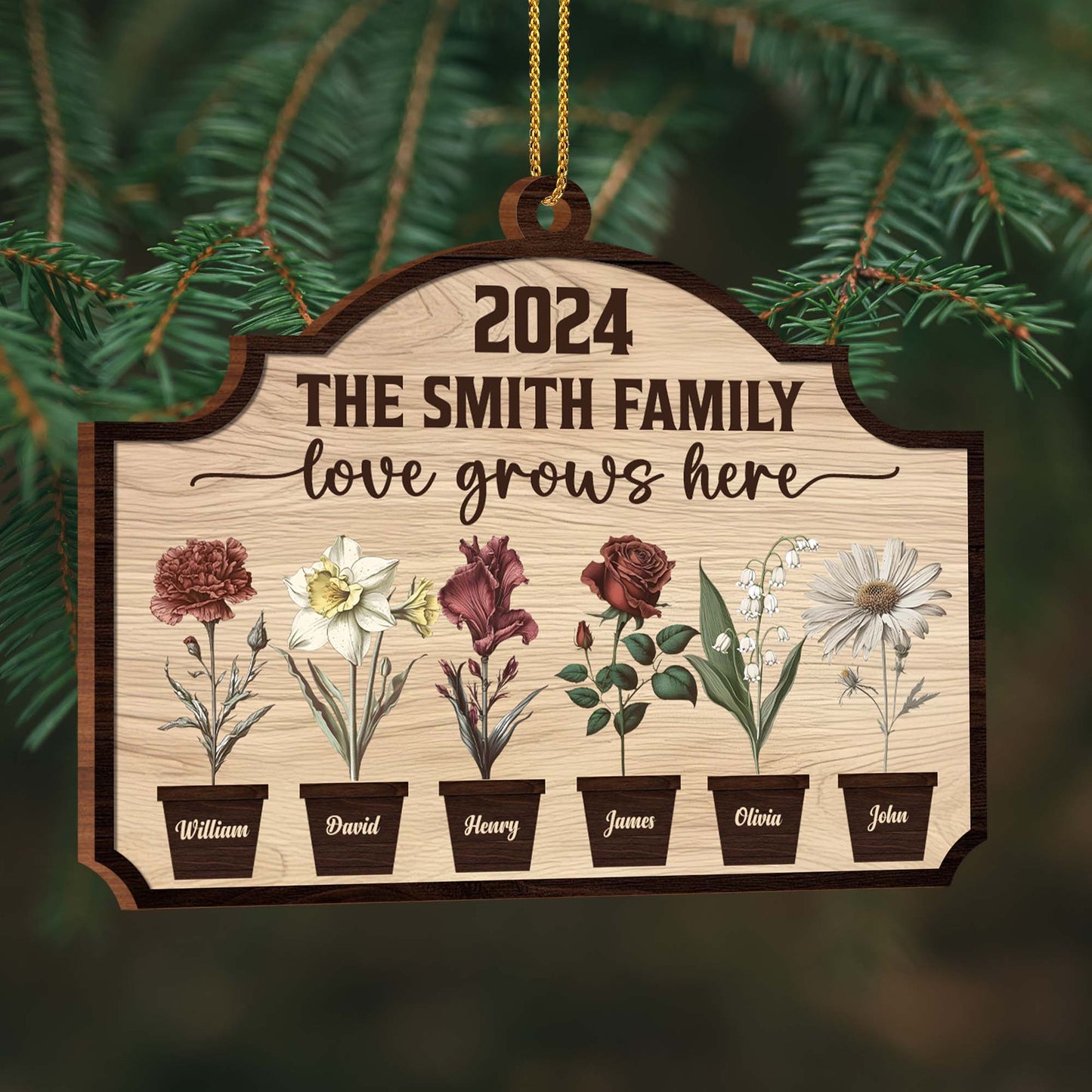 Love Grows Here With Beautiful Flowers Display - Personalized Custom Wood Ornament, Custom Shaped - FAM229_WDO