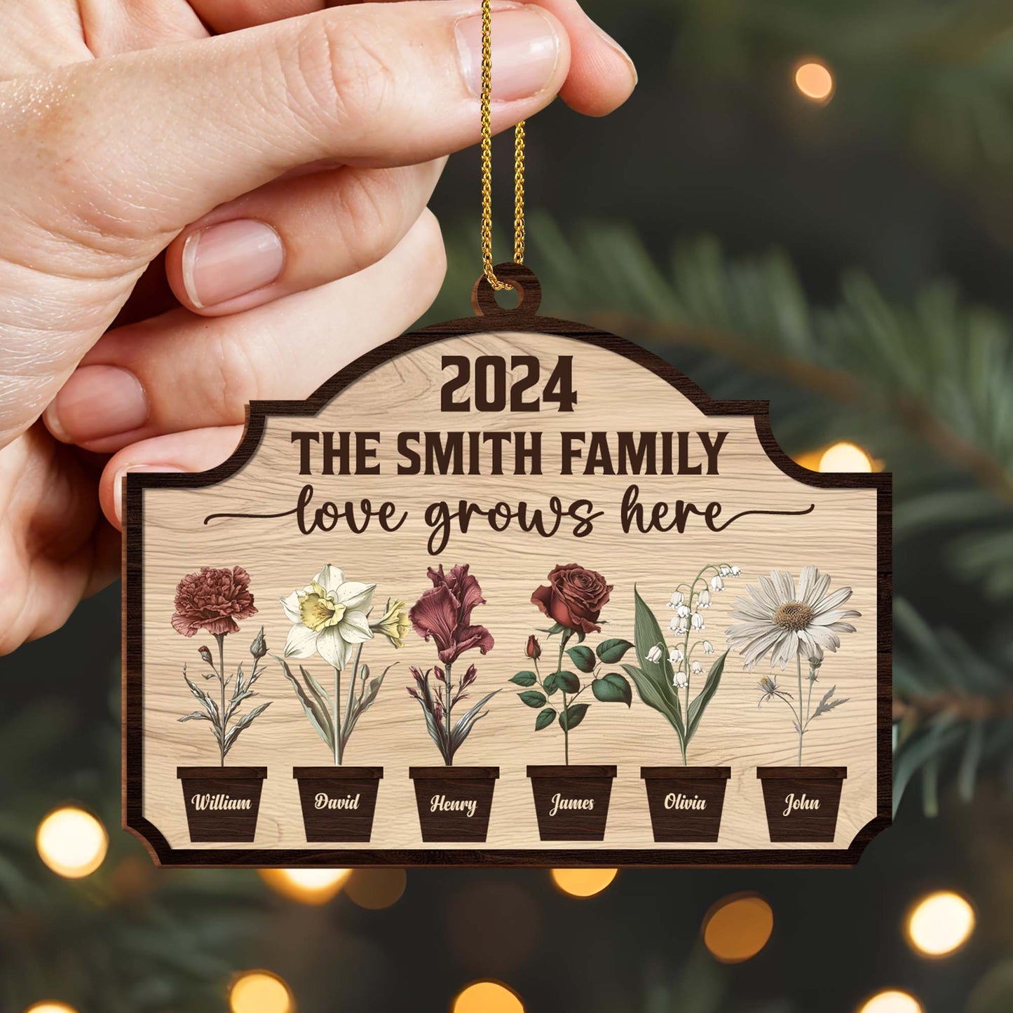 Love Grows Here With Beautiful Flowers Display - Personalized Custom Wood Ornament, Custom Shaped - FAM229_WDO
