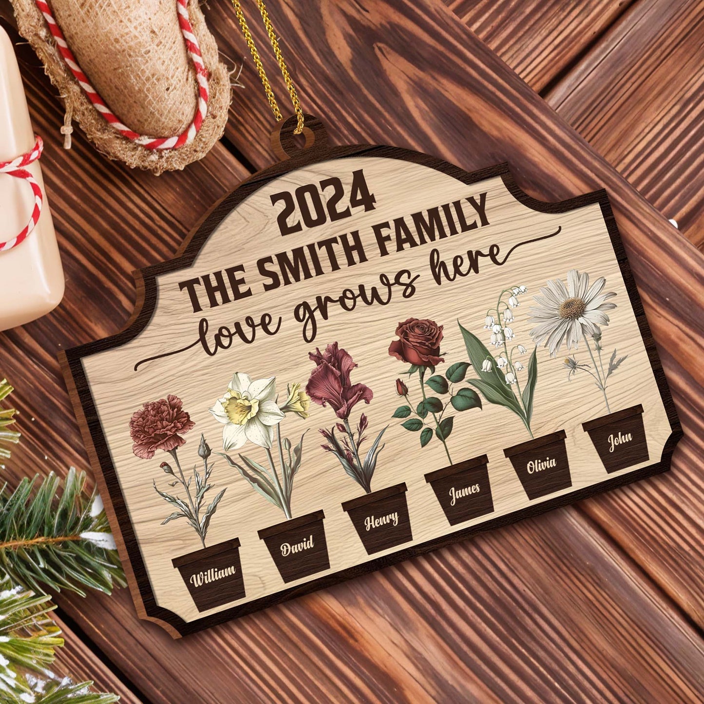 Love Grows Here With Beautiful Flowers Display - Personalized Custom Wood Ornament, Custom Shaped - FAM229_WDO